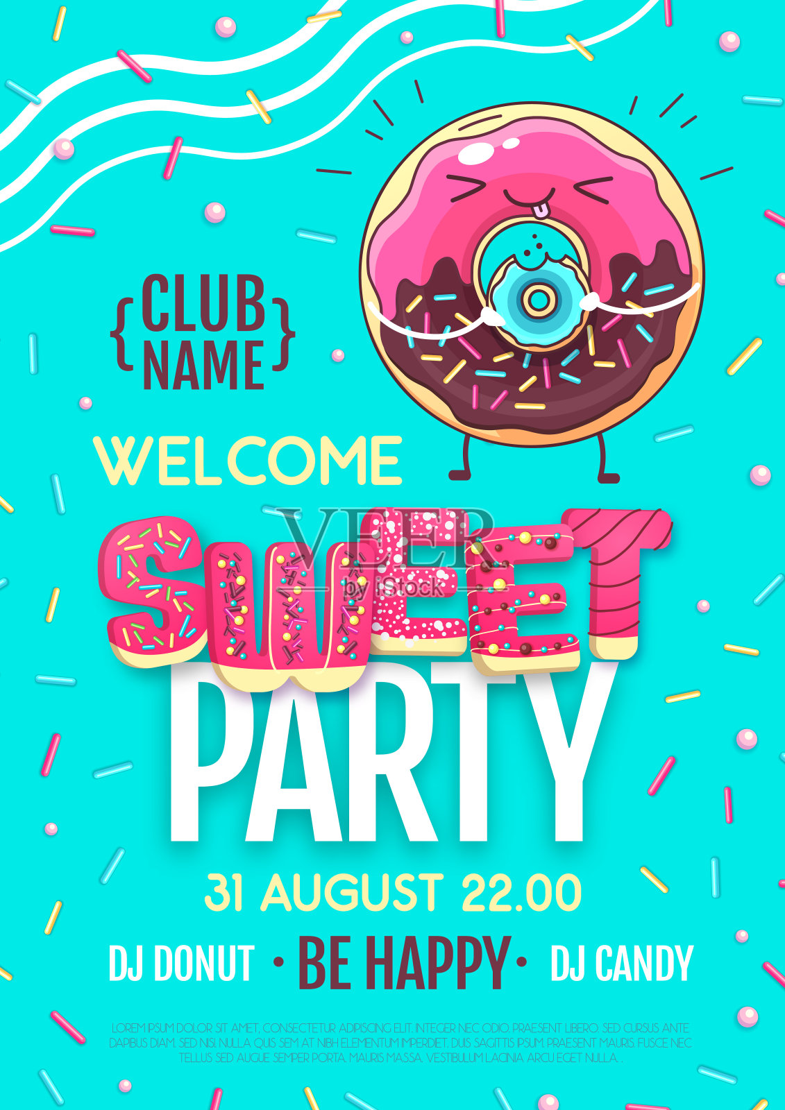 印有彩色甜甜圈的迪斯科派对海报。垃圾快餐背景插画图片素材