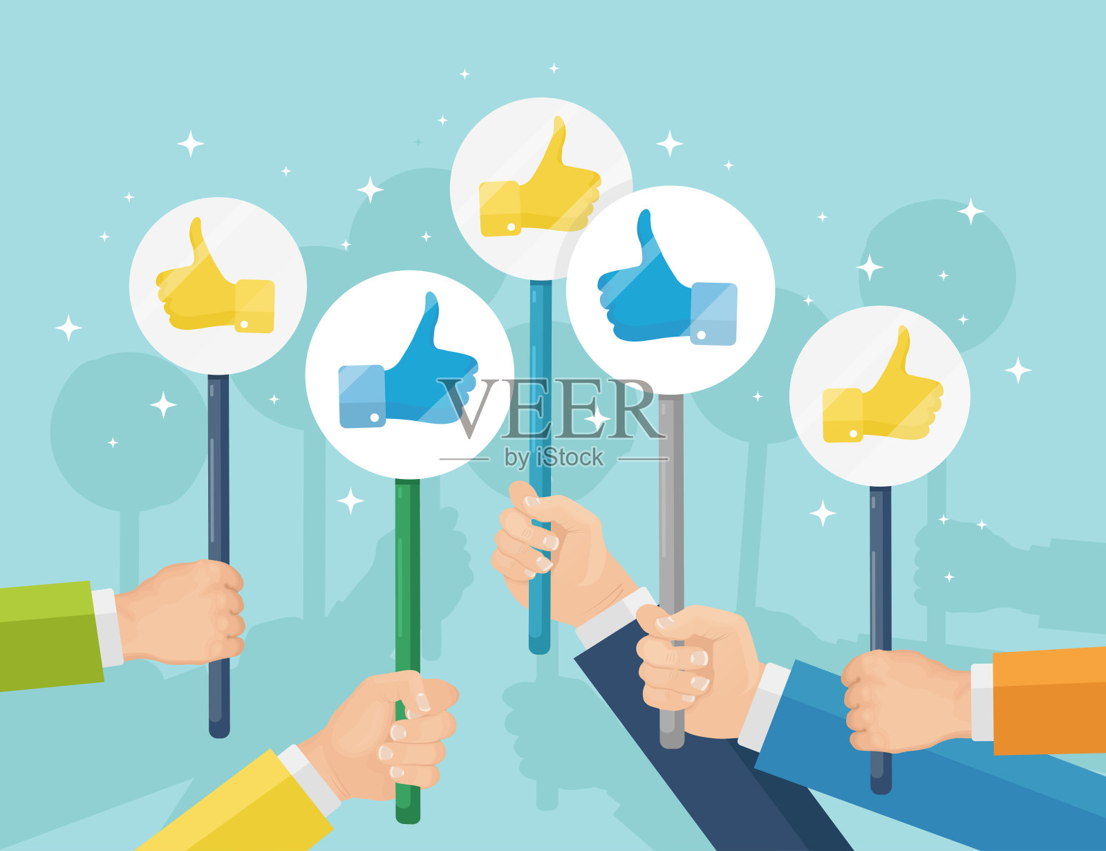 一群竖起大拇指的商业人士。社交媒体。好的意见。客户评价,反馈,客户评论的概念。矢量平面设计插画图片素材