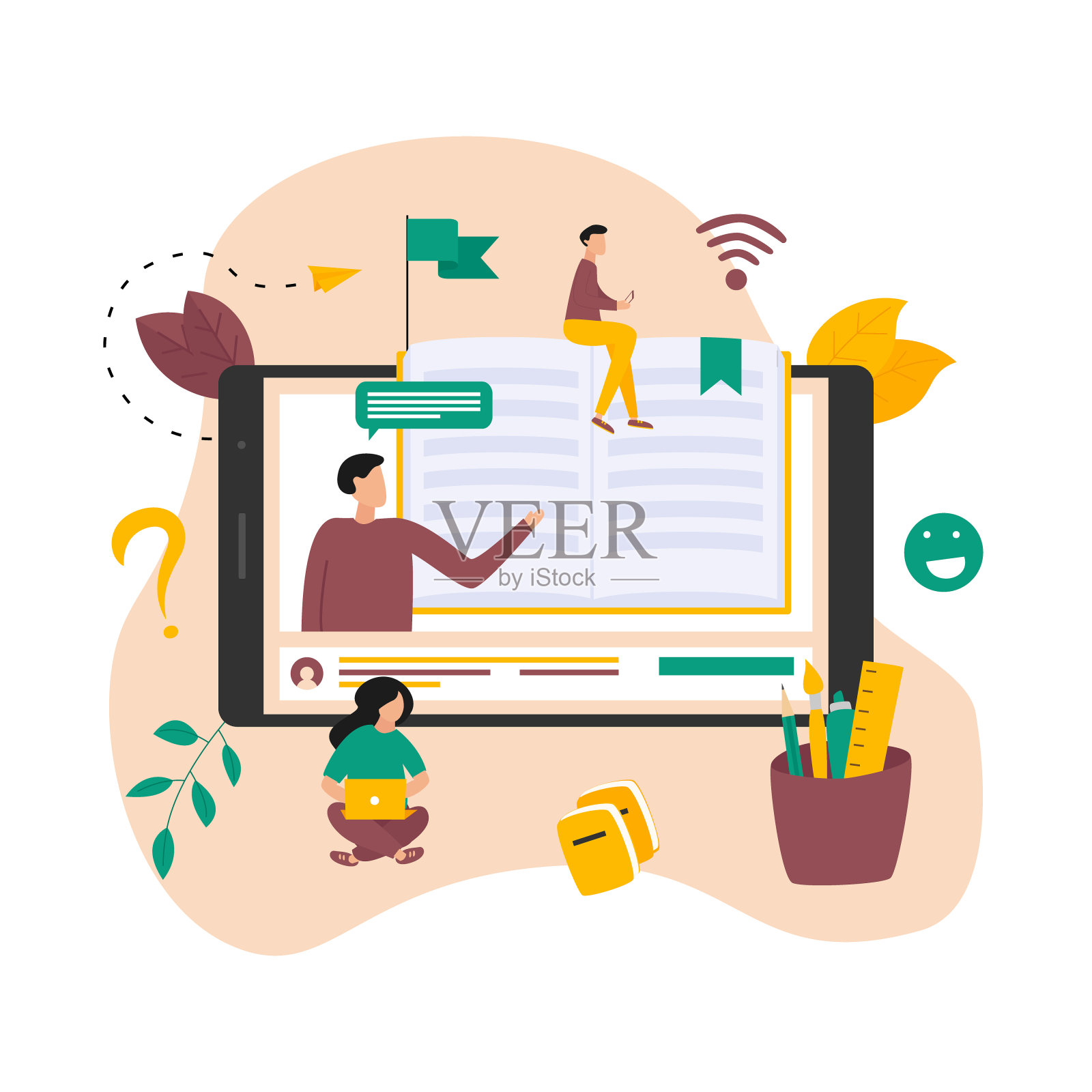 在线教育、家庭教育和电子学习的概念。2019冠状病毒病社交距离在家在线学习。illlustration向量插画图片素材