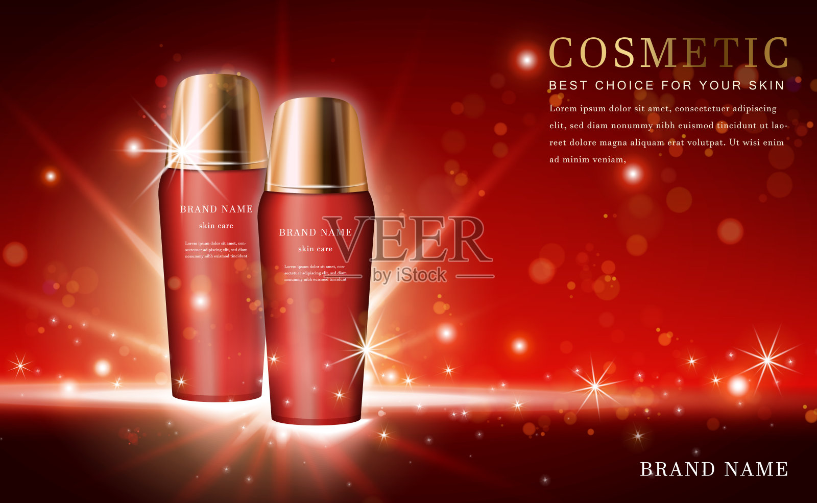 矢量3D化妆品化妆插图产品瓶子与闪亮的红色背景插画图片素材