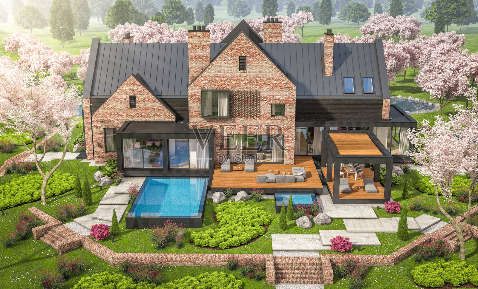 春季池塘边现代粘土砖房的3D渲染照片摄影图片