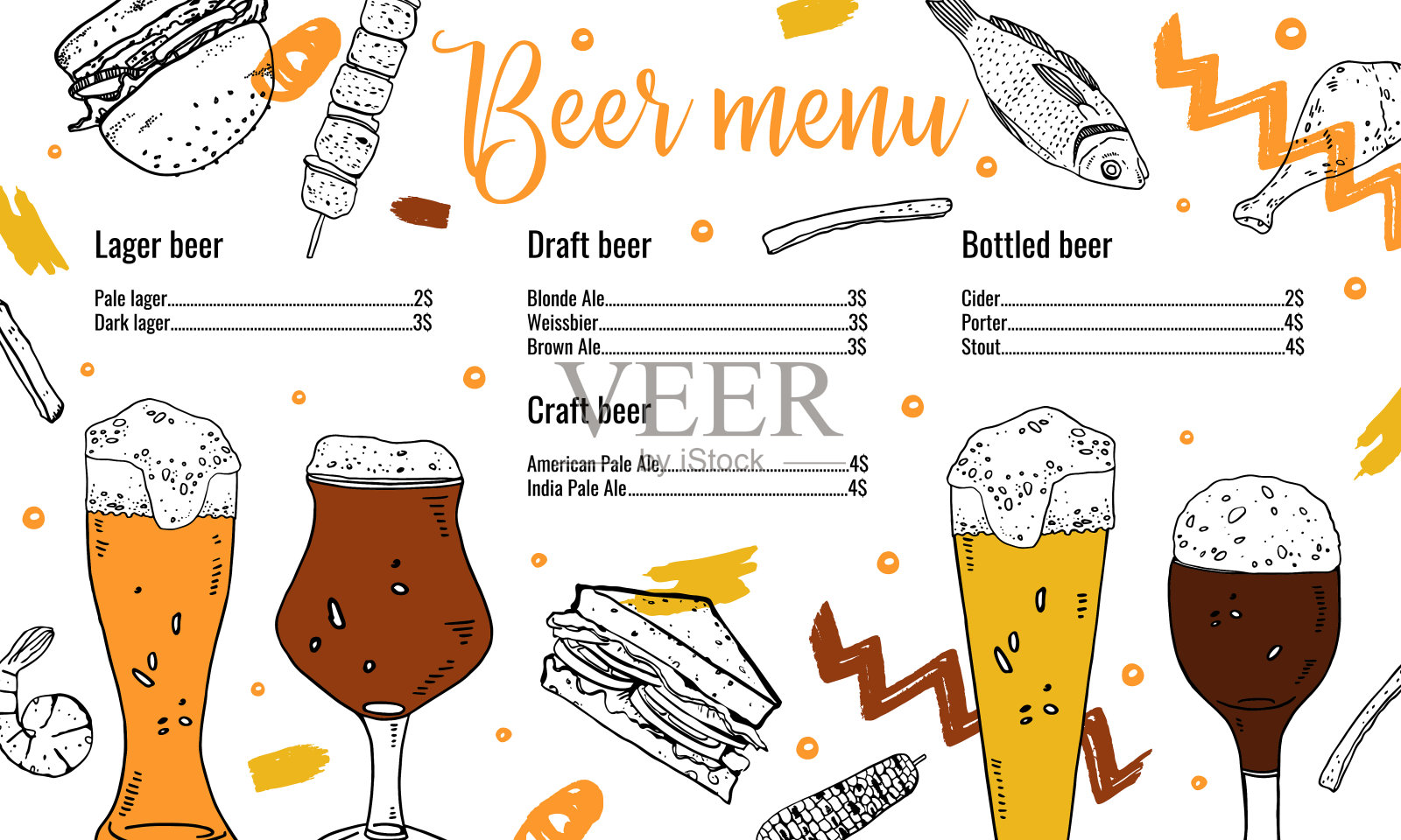 啤酒菜单打印模板。喝杯子和食物。手绘矢量草图插图设计模板素材