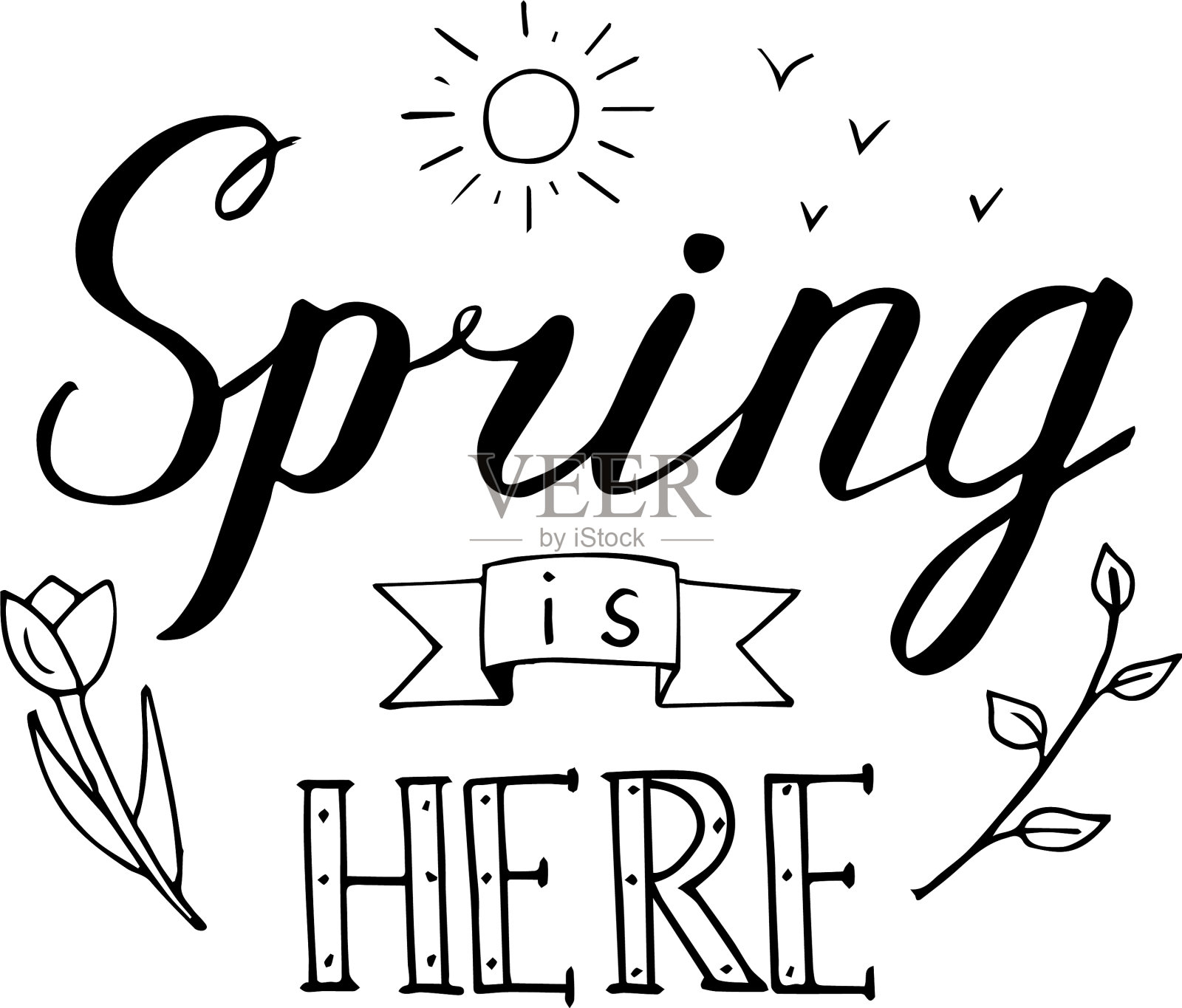 春天在这里用手刻字作装饰插画图片素材