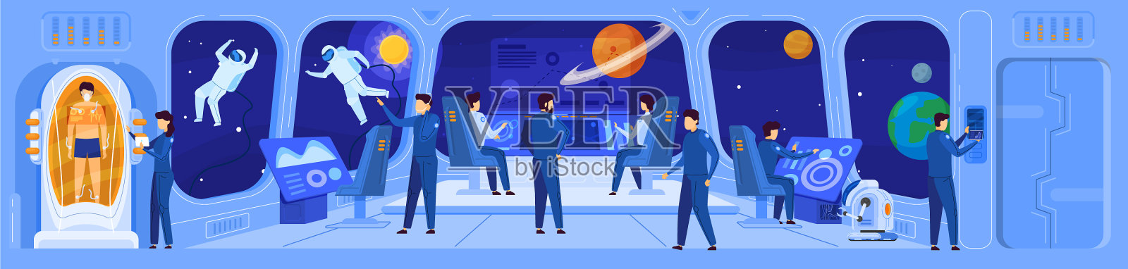 指挥甲板上的科幻飞船船员插画图片素材