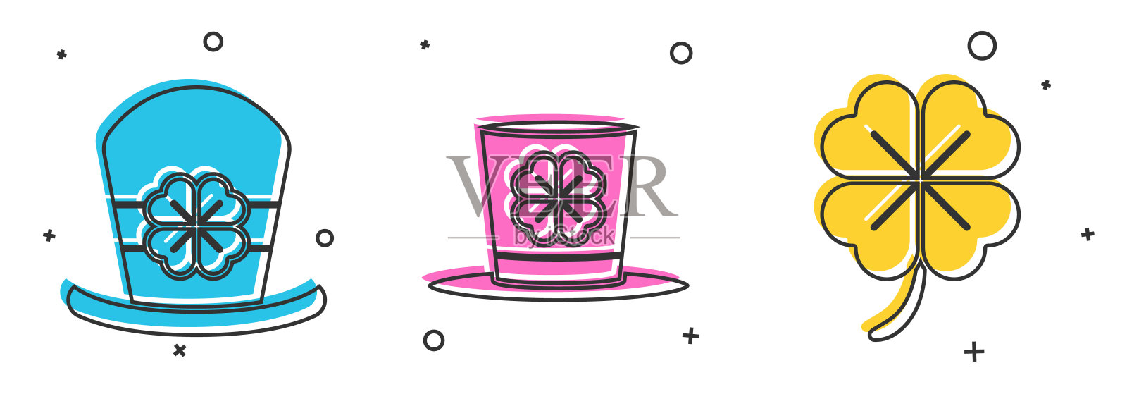 设置小精灵的帽子和四叶三叶草,小精灵的帽子和四叶三叶草和四叶三叶草的图标。向量插画图片素材