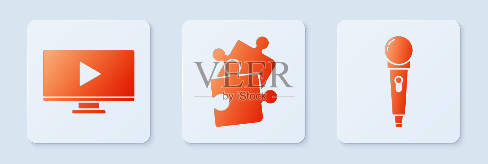 拼图,在线播放视频和麦克风。白色正方形按钮。向量插画图片素材