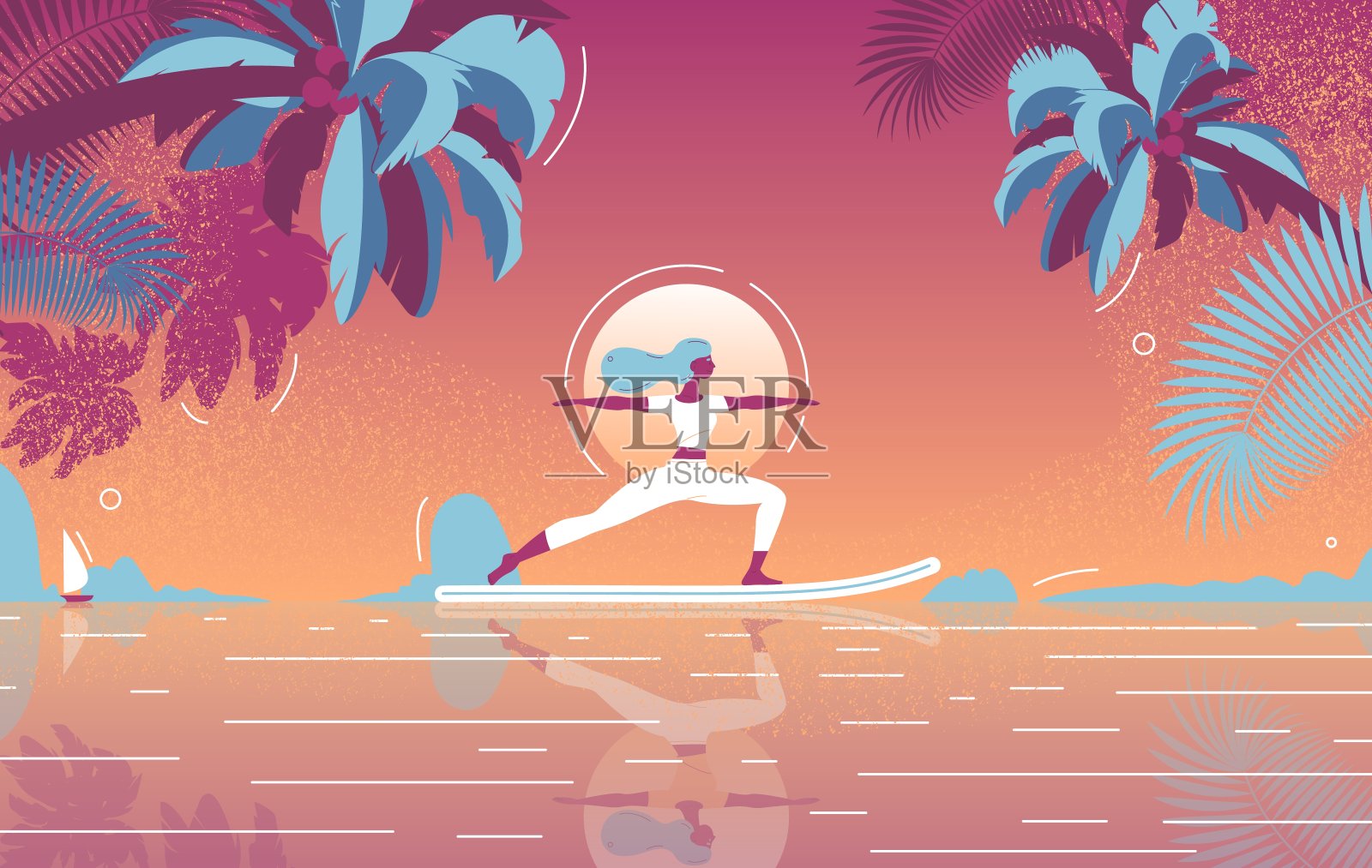 日落sup瑜伽矢量概念插图。热带天堂与女人的扁平性格,棕榈树和海洋景观在充满活力的颜色。插画图片素材