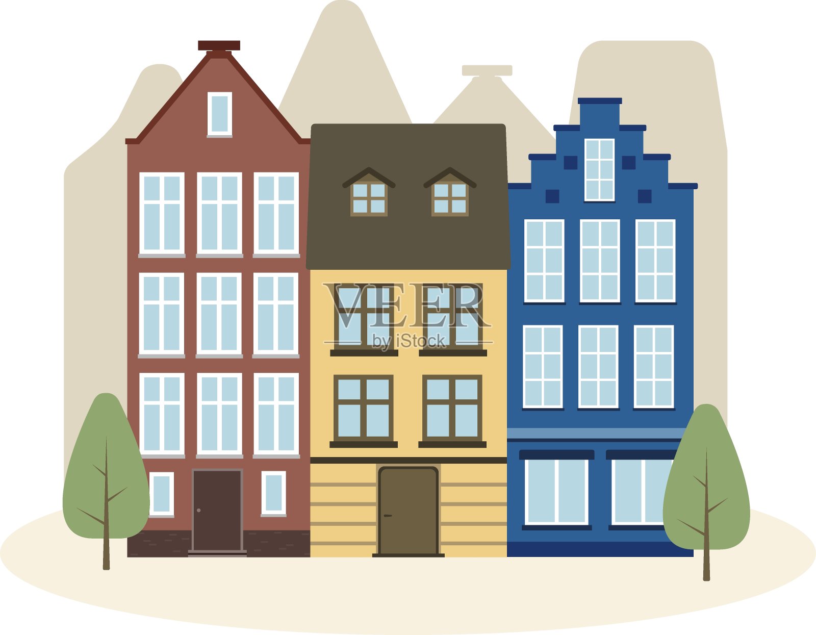 欧洲城市平面设计城市景观。荷兰建筑的建筑。插画图片素材