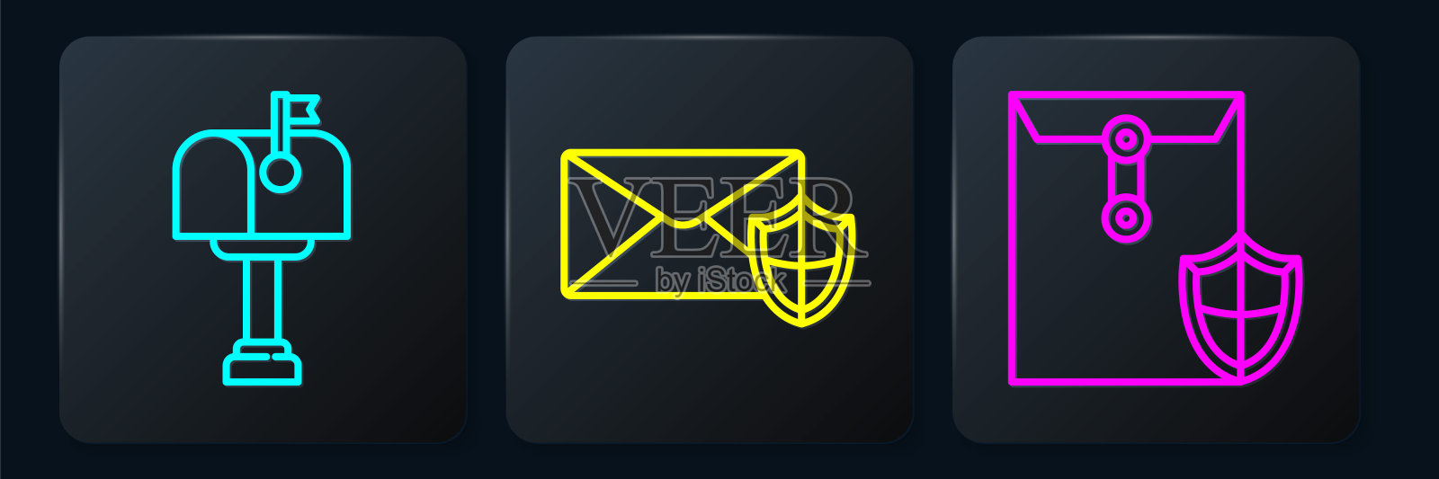 设置线路邮箱、带屏蔽的信封和带屏蔽的信封。黑色方形按钮。向量图标素材