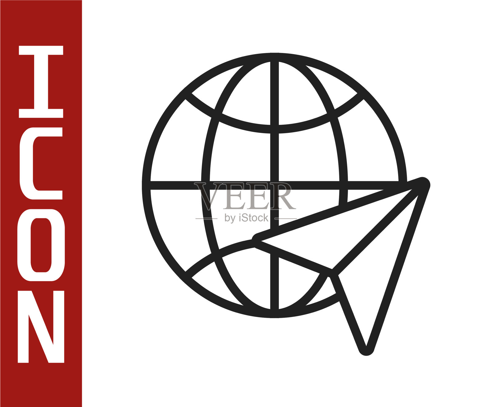 黑色线地球仪与飞行飞机图标隔离图标素材