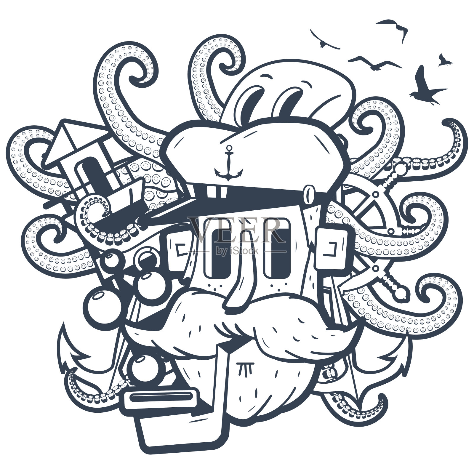 水手头与灯塔,章鱼,锚,船轮和海鸥矢量插图。插画图片素材