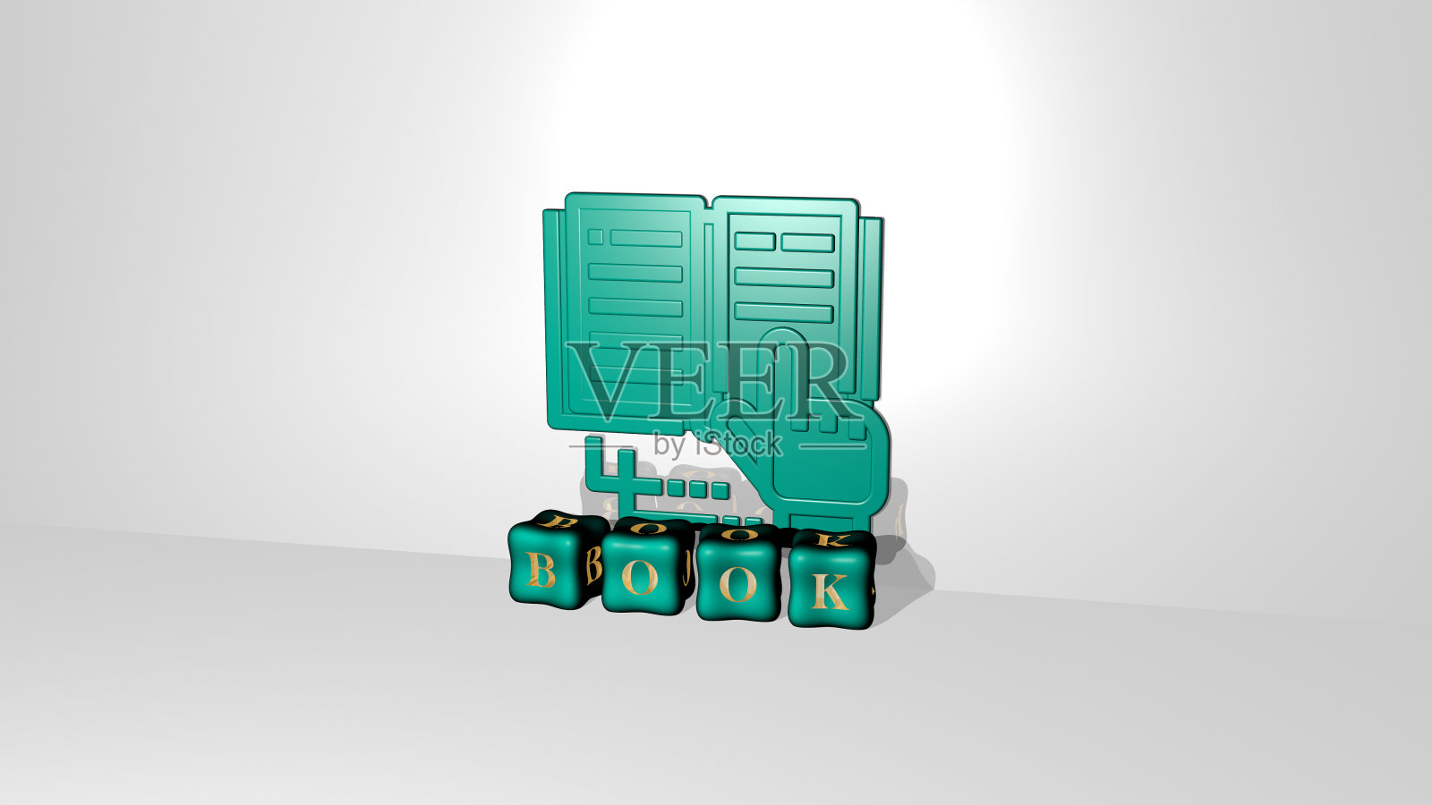 垂直的BOOK三维图形图像,以及由金属立方体字母从顶部视角构建的文本,非常适合概念演示和幻灯片。插图和背景照片摄影图片