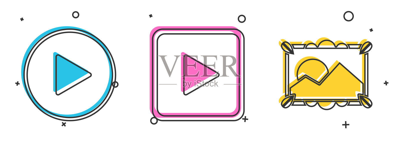 设置播放在圆圈,播放在方形和图片景观图标。向量图标素材