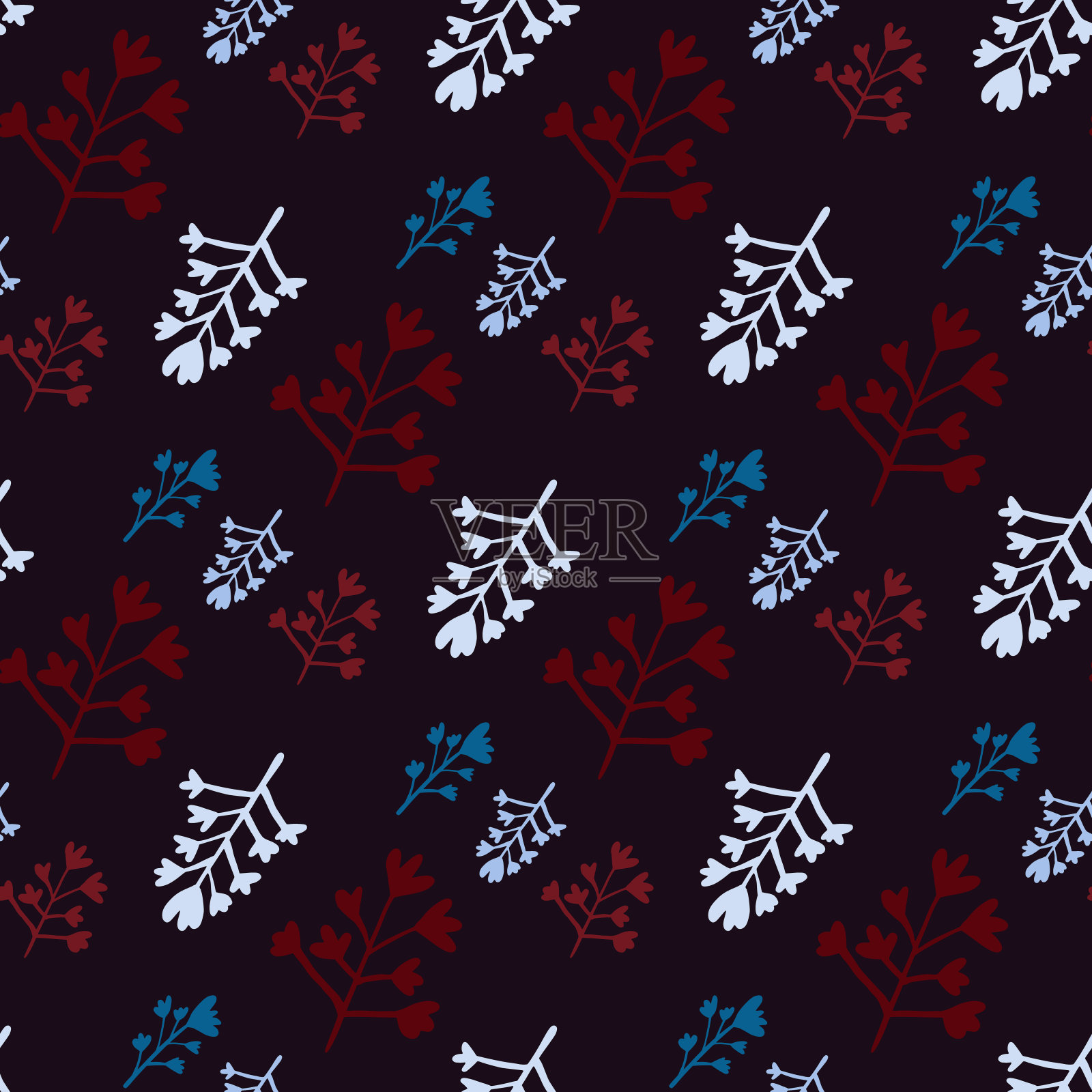 花枝无缝涂鸦图案上的黑色背景。红色和蓝色的植物剪影。插画图片素材