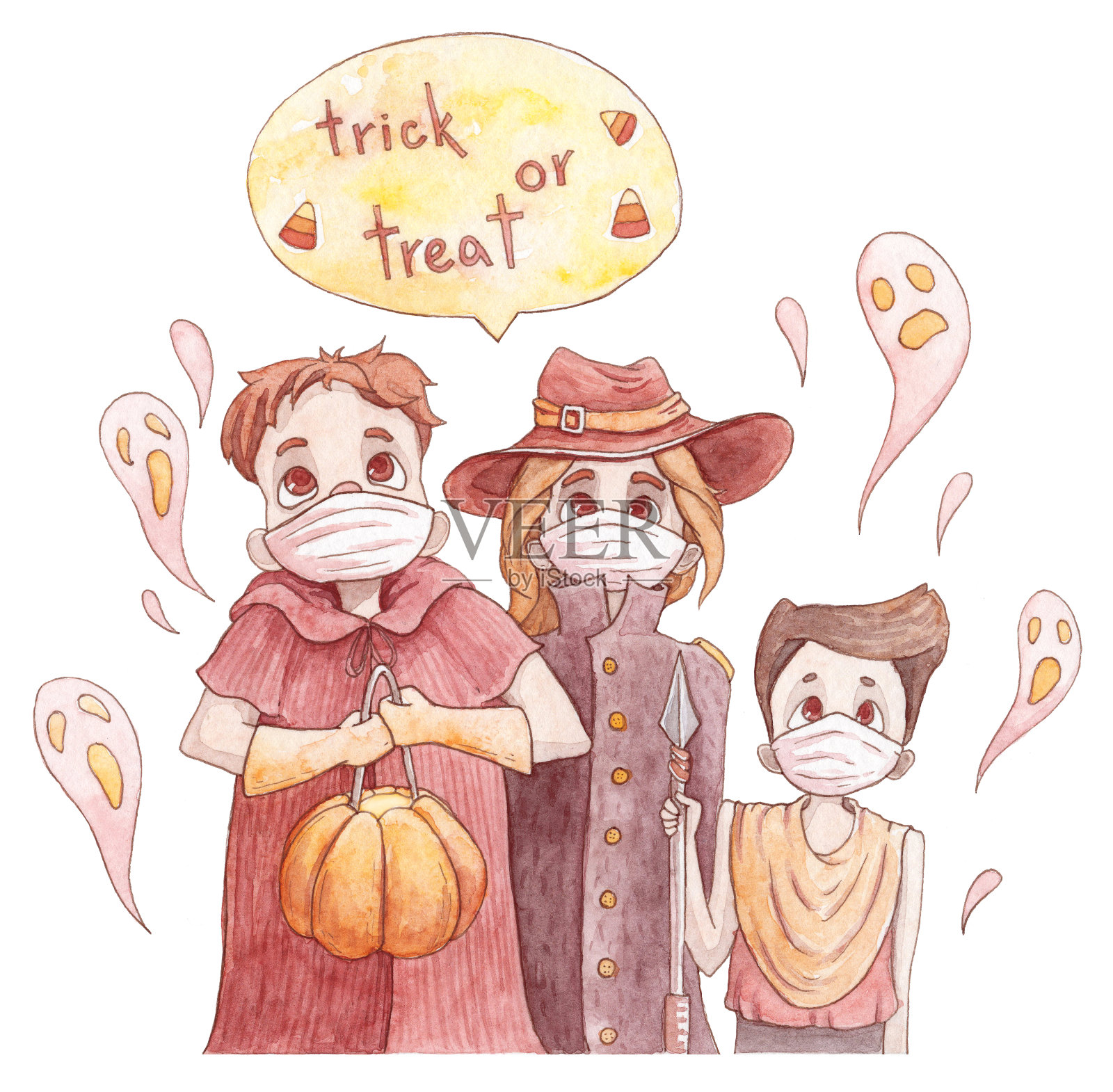 孩子们在万圣节。不给糖就捣蛋插画图片素材