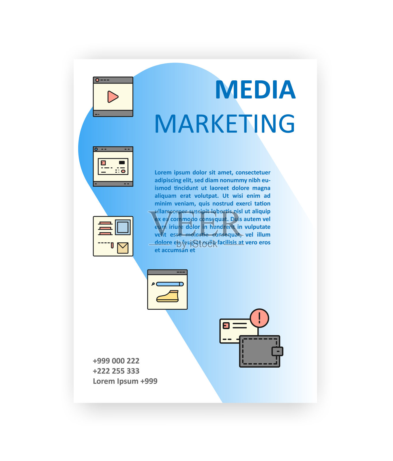 矢量商业研讨会海报模板A4大小。购物、电子商务和营销孤立的线条艺术图标插画图片素材