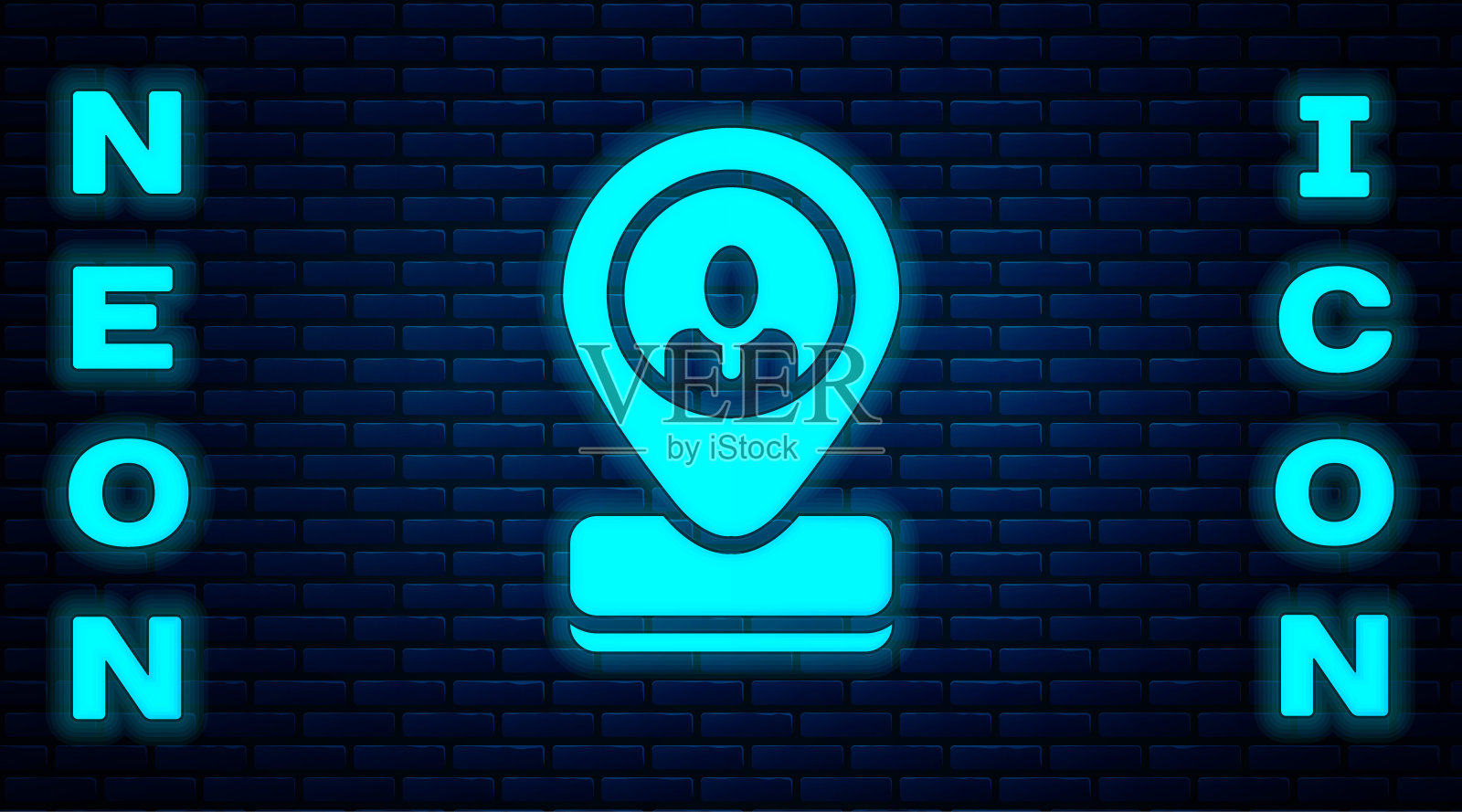 发光的霓虹灯工人位置图标隔离在砖墙的背景上。向量插画图片素材
