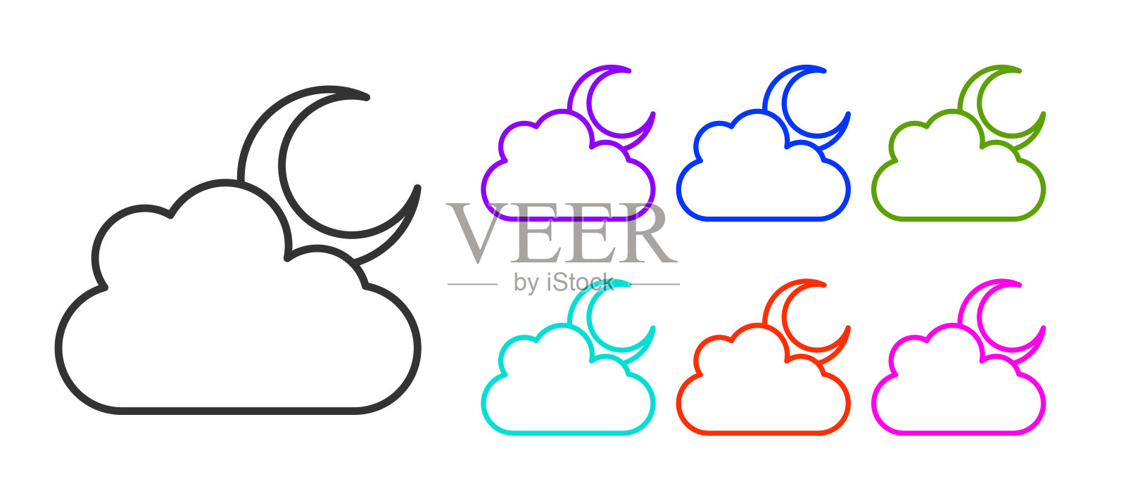 黑色线云与月亮图标孤立在白色背景。多云的夜晚的迹象。睡眠的梦想的象征。晚上或睡觉的时间标志。设置图标丰富多彩。向量插画图片素材