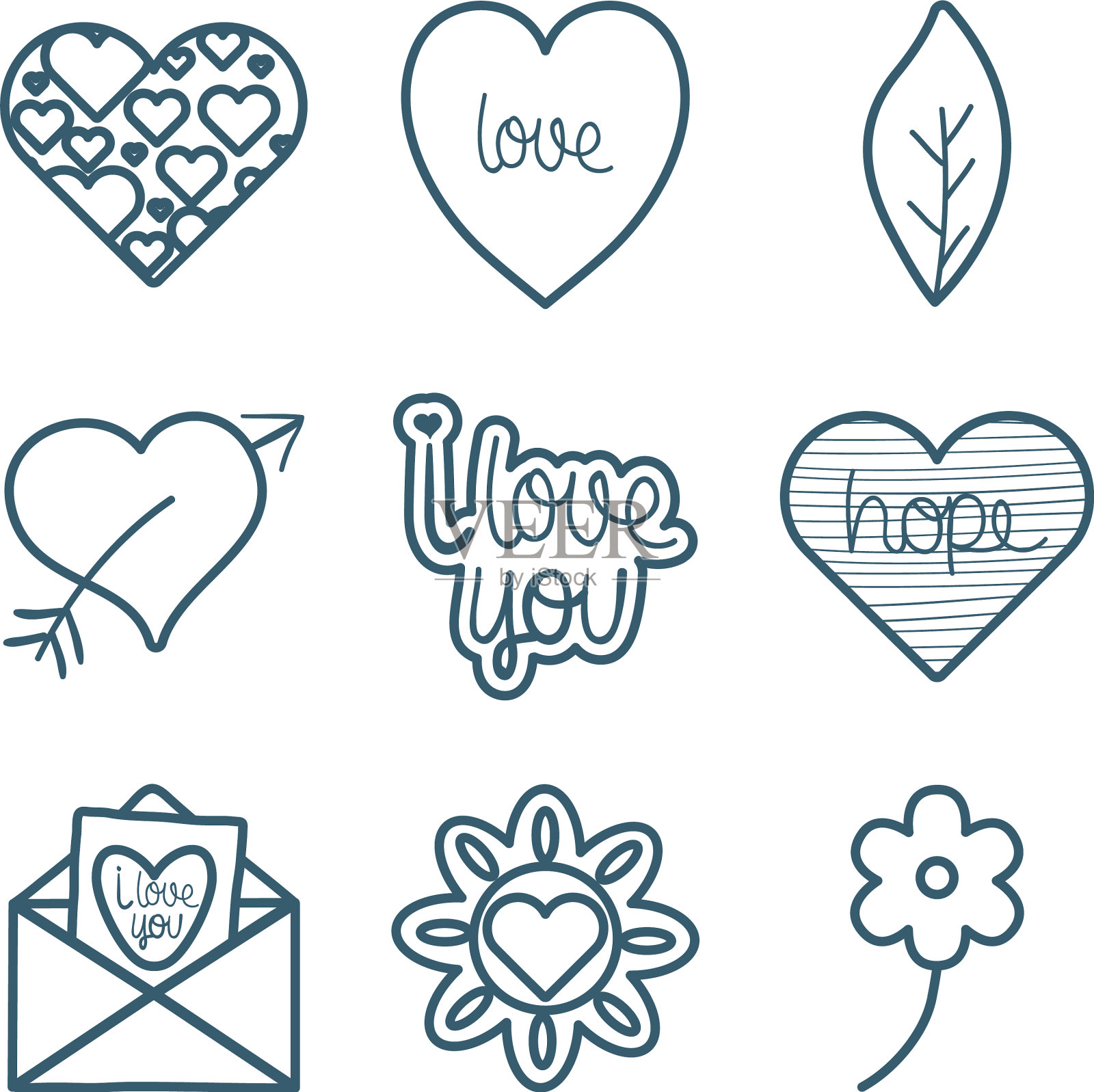 拼贴和爱线风格的图标集设计插画图片素材