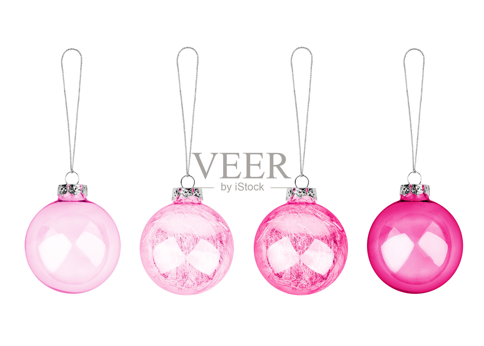 粉色Сhristmas圣诞树装饰设置白色背景孤立近,红色透明玻璃球挂线收集,闪亮的小玩意,传统新年节日设计元素,圣诞玩具照片摄影图片