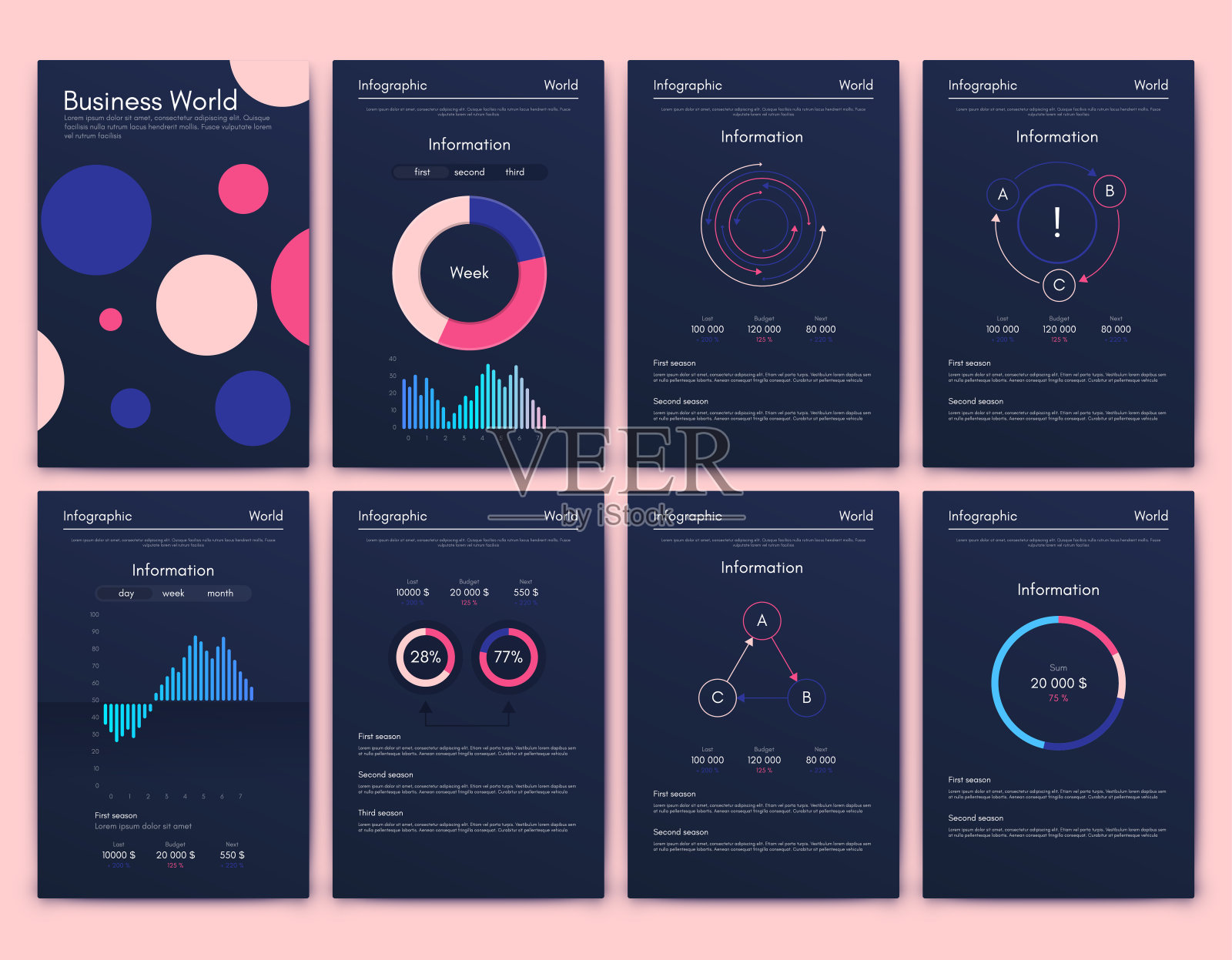 商业手册的现代信息图表向量元素。用于网站,公司宣传册,广告和市场营销。饼图,折线图,条形图和时间线。设计模板素材