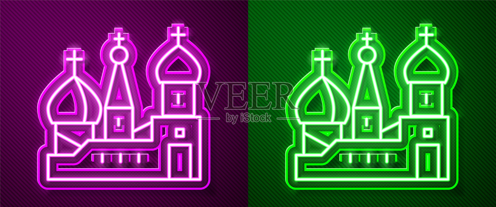 发光的霓虹线莫斯科象征-圣巴西尔大教堂,俄罗斯图标孤立在紫色和绿色的背景。向量插画图片素材