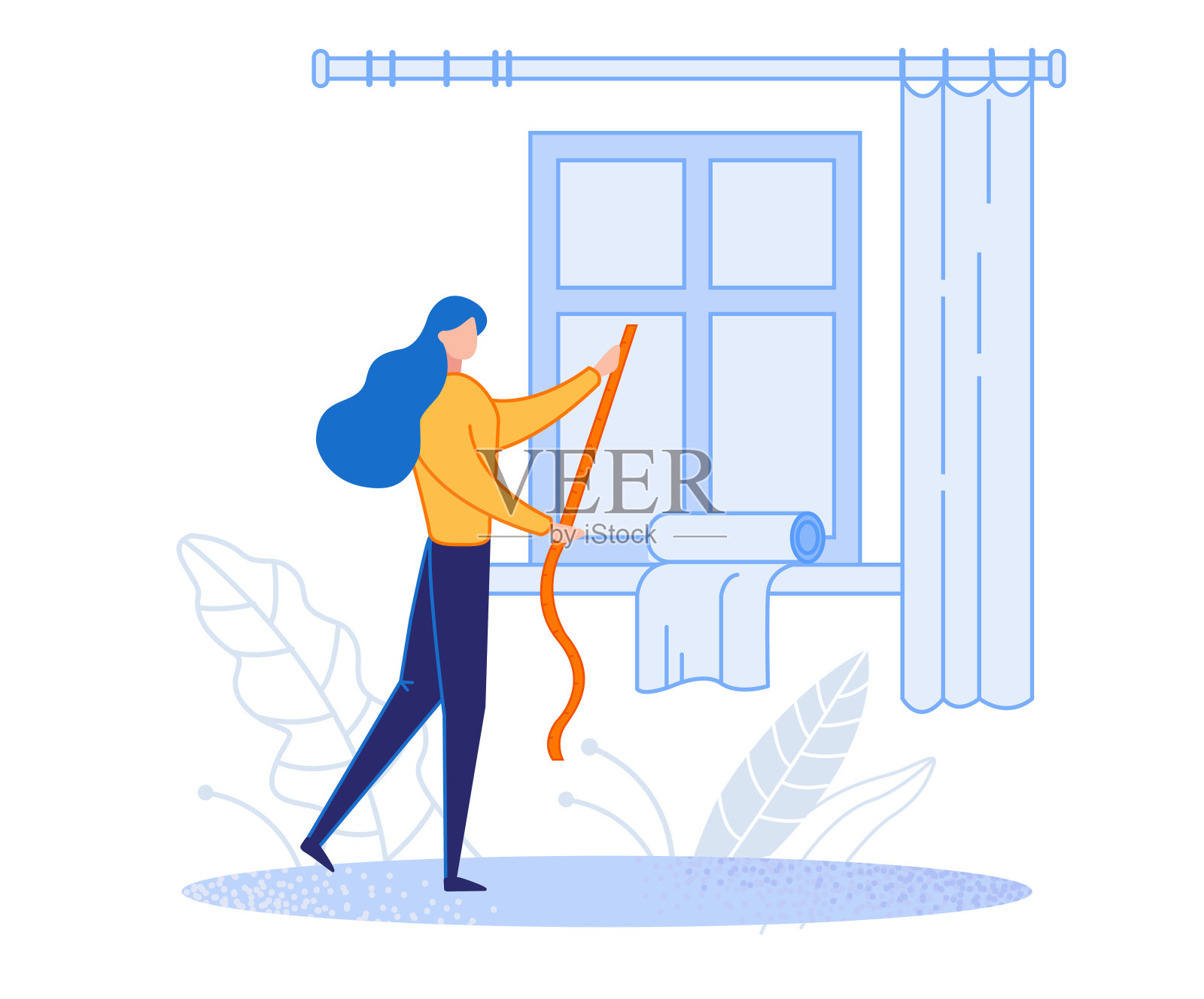 女人在做家务。窗帘的尺寸。家庭主妇裁缝。艰苦的女性工作。家庭的母亲。可以是海报或横幅。平面卡通矢量插图。插画图片素材