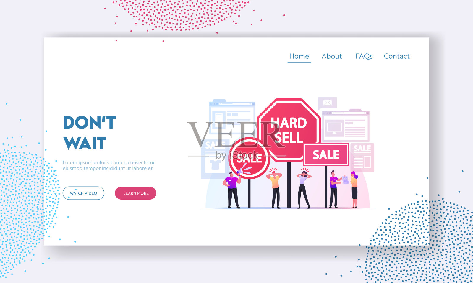 硬卖着陆页模板。推广者采用积极推销和广告策略压制客户插画图片素材