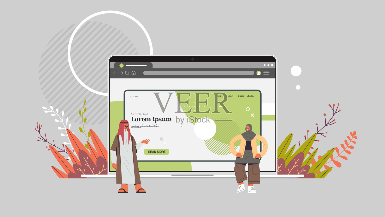 阿拉伯夫妇在笔记本电脑屏幕上创建定制设计应用程序开发网页设计概念插画图片素材