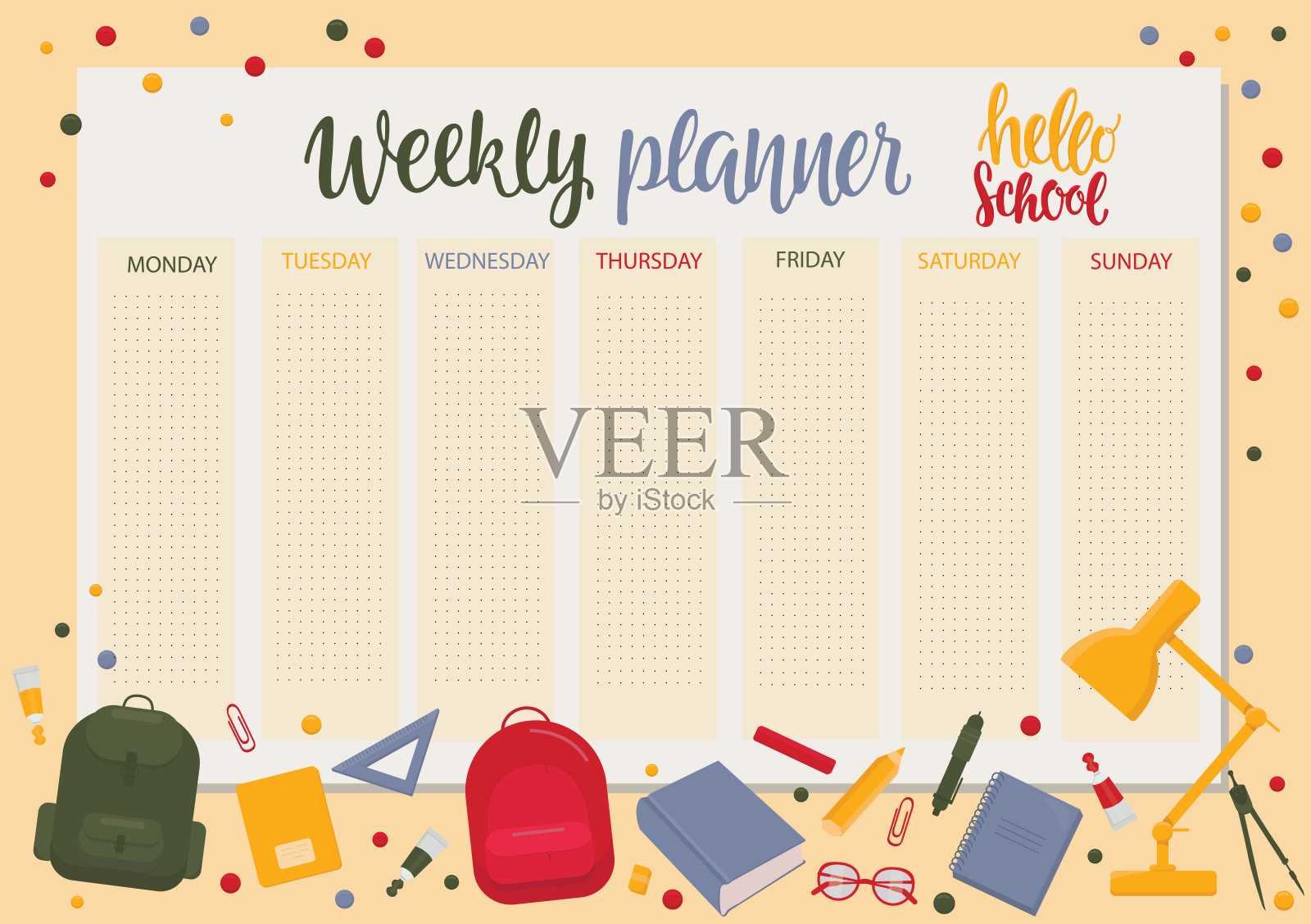 学生每周计划-回学校收集。准备打印。矢量股票颜色插图。手写标志你好学校,背包,夹子,灯,书,眼镜,指南针。EPS10插画图片素材