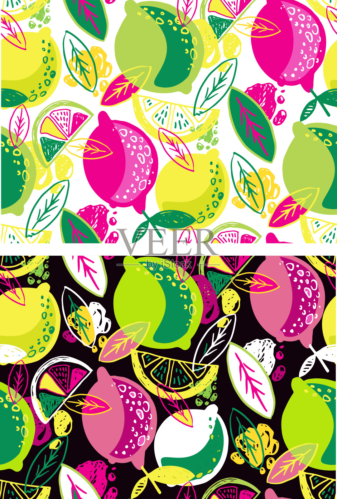 柑橘手绘涂鸦图案背景。柑橘柠檬提取物套装。模板柑橘艺术集。柠檬水花纹织物质地。插画图片素材