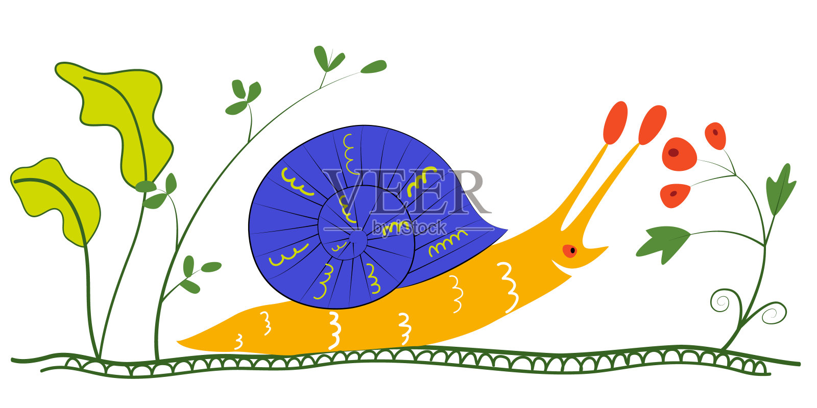 色彩斑斓的画上有有趣的蜗牛。背上有房子的蜗牛在地上爬行。矢量平面插图儿童。蓝色的贝壳和黄色的蛞蝓。草里的蜗牛想吃浆果。插画图片素材