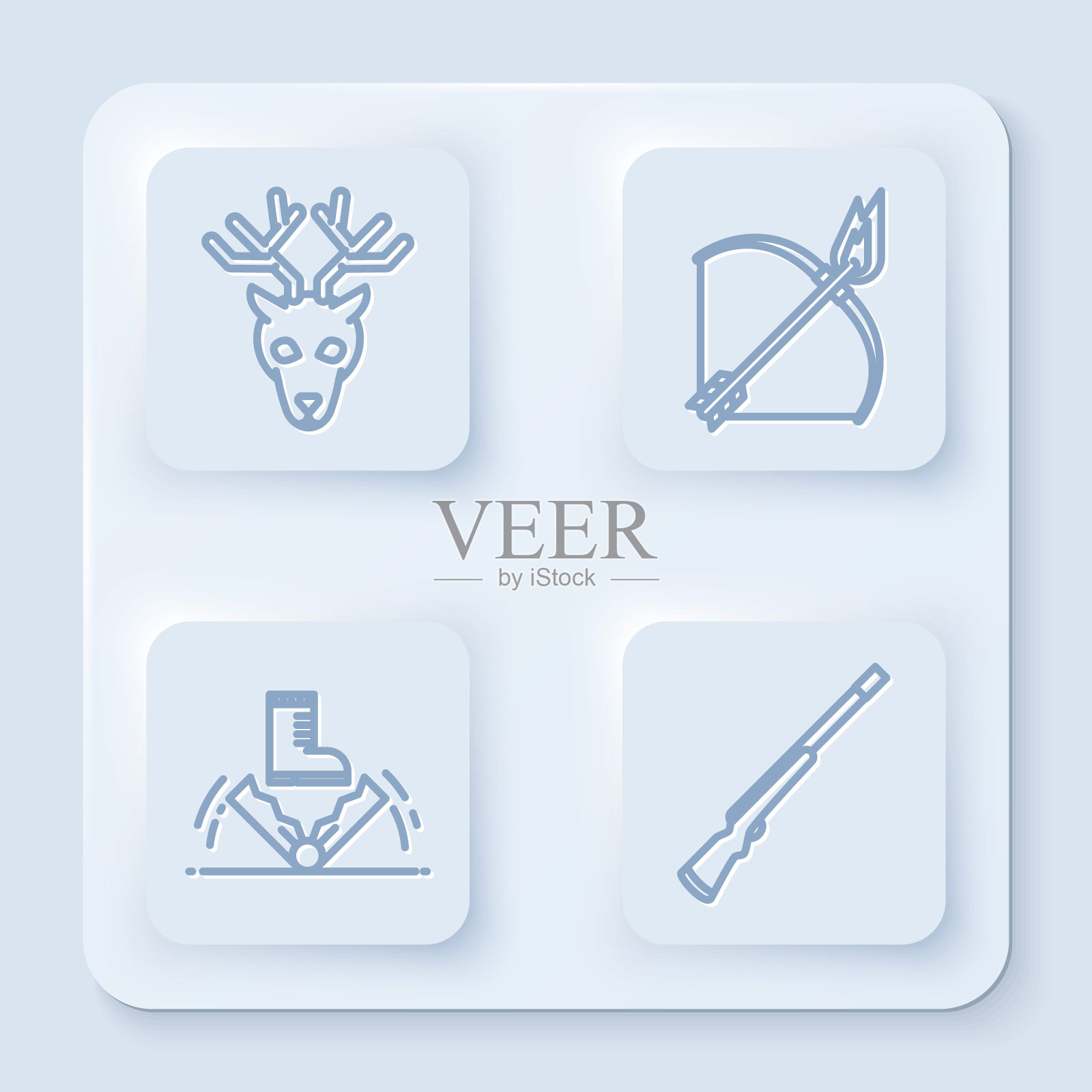 有鹿角的鹿头,弓和箭,陷阱狩猎和猎枪。白色正方形按钮。向量插画图片素材