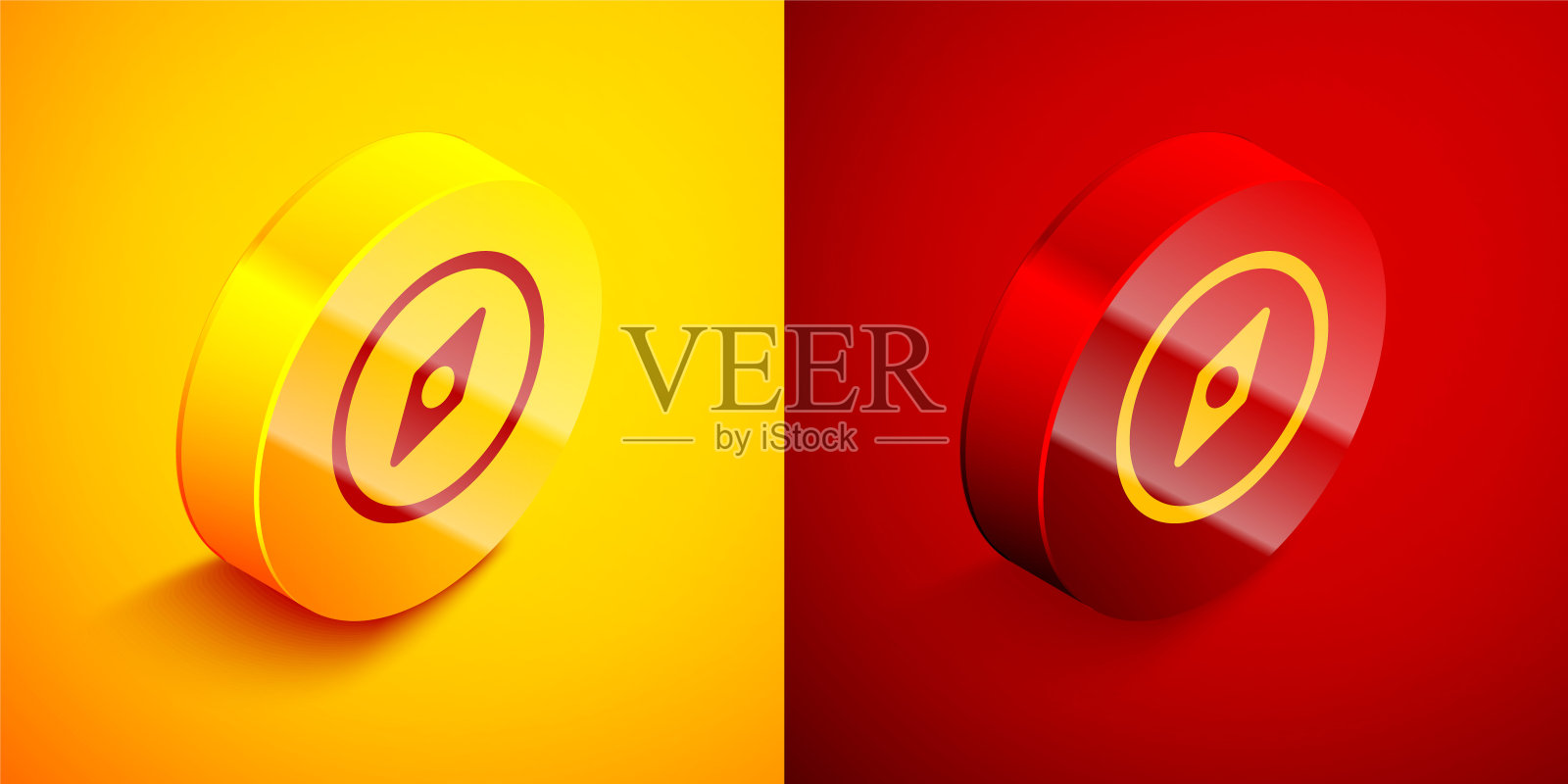 等距罗盘图标隔离在橙色和红色的背景。Windrose导航的象征。风向玫瑰图信号。圆按钮。矢量图图标素材