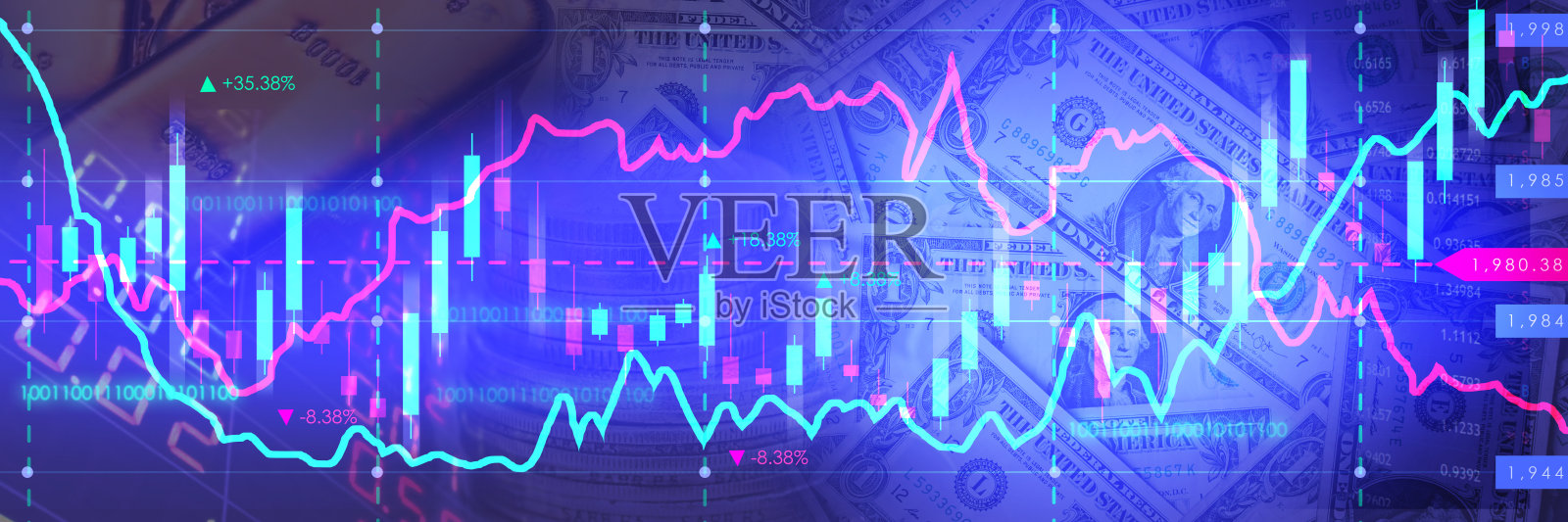 抽象的金融图表与黄金和美元折线图。照片摄影图片