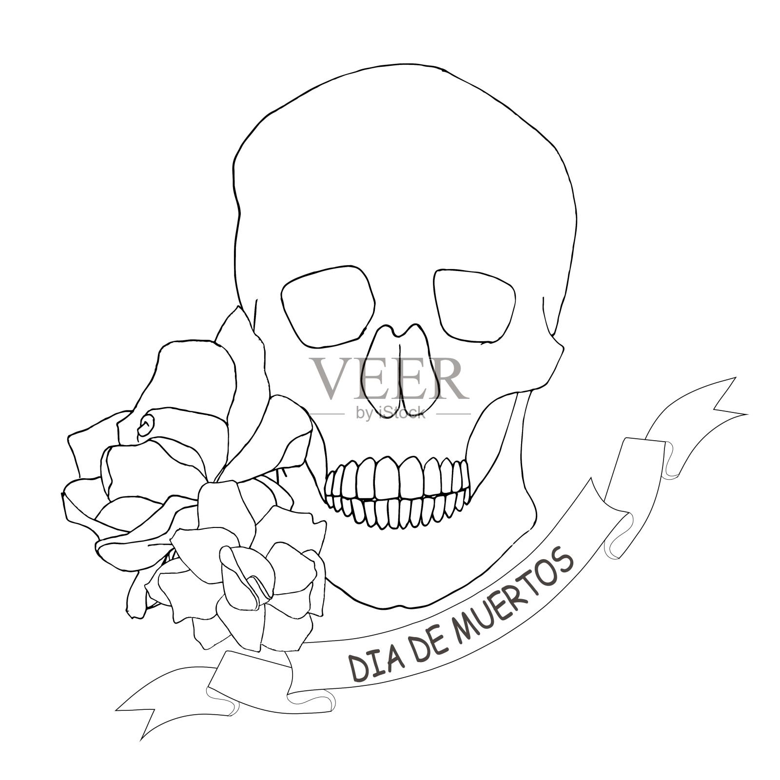 亡灵节的旗帜。骷髅轮廓与玫瑰手绘图形墨水素描股票矢量插图插画图片素材