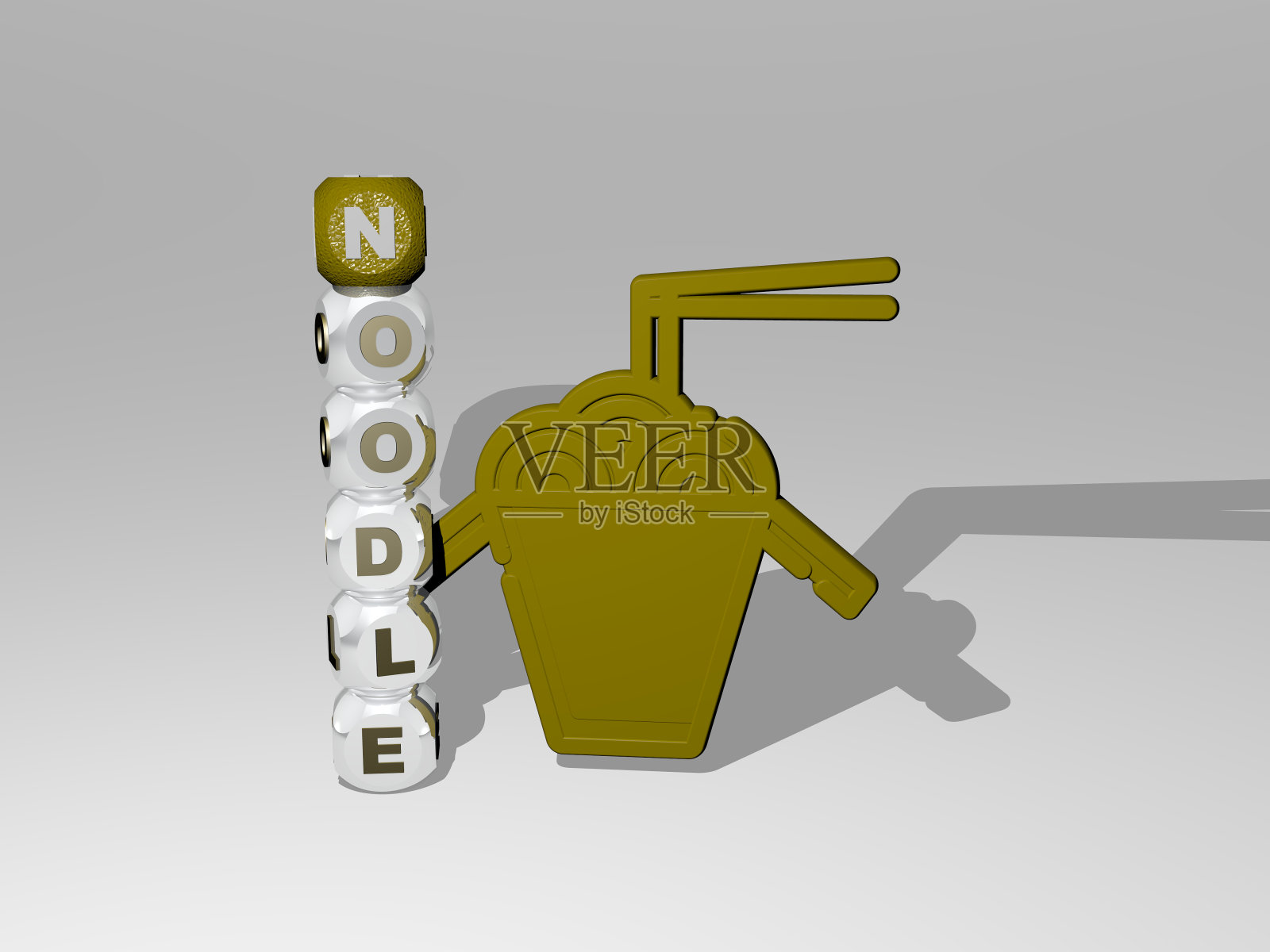 三维图形图像的面条垂直与文本建立围绕的图标由金属立方体字母从顶部的角度。非常适合概念演示和幻灯片展示。食品和亚洲照片摄影图片