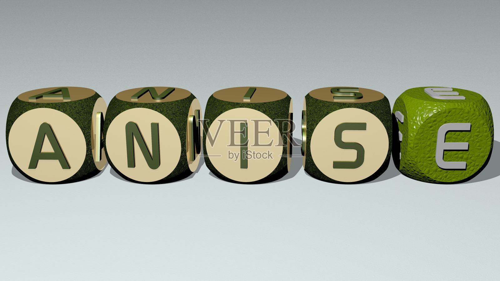 茴芹由骰子字母和颜色交叉组合而成的相关含义概念。背景和肉桂。三维演示照片摄影图片