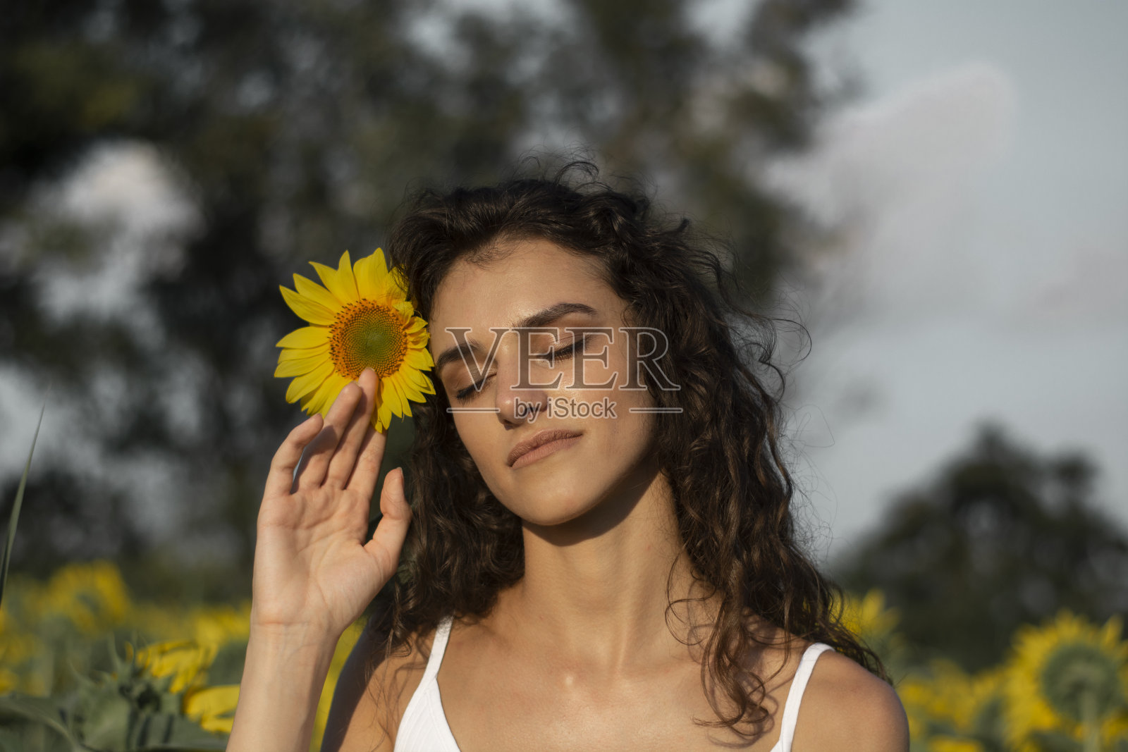 一个拿着向日葵的漂亮女人的肖像。照片摄影图片