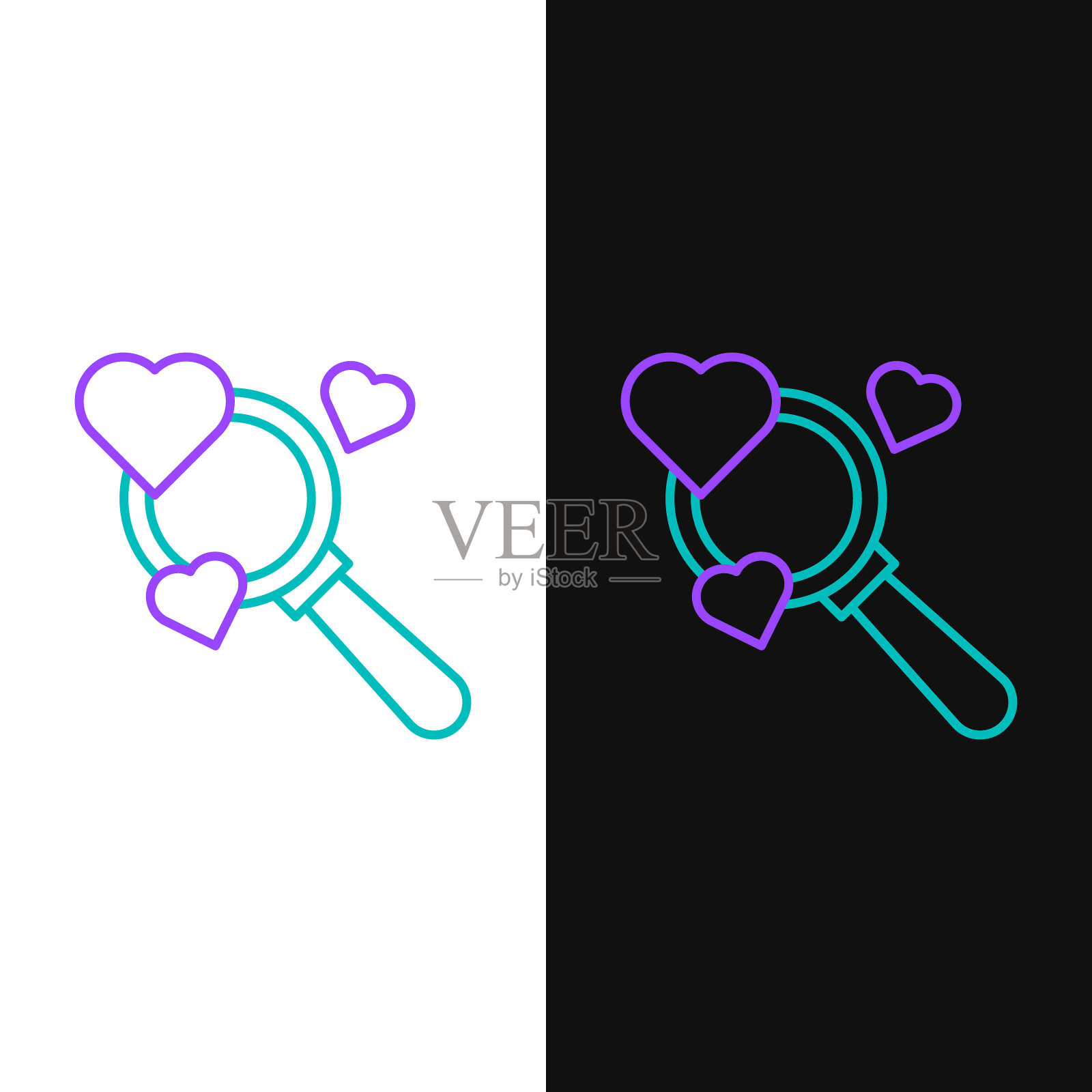 线搜索心和爱的图标孤立在白色和黑色的背景。里面有一颗心的放大镜。色彩斑斓的轮廓的概念。向量插画图片素材