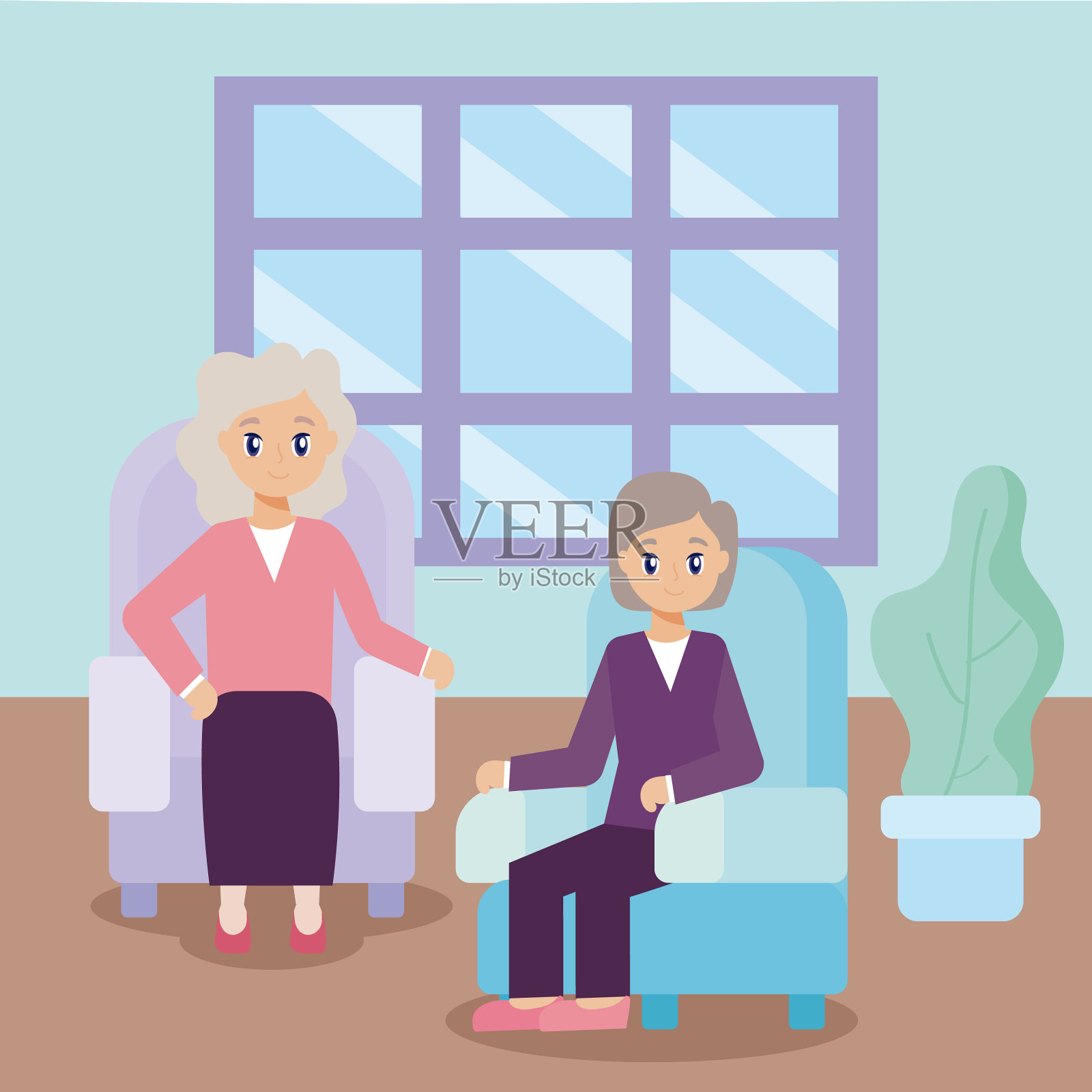 老年妇女在起居室里照料老人插画图片素材