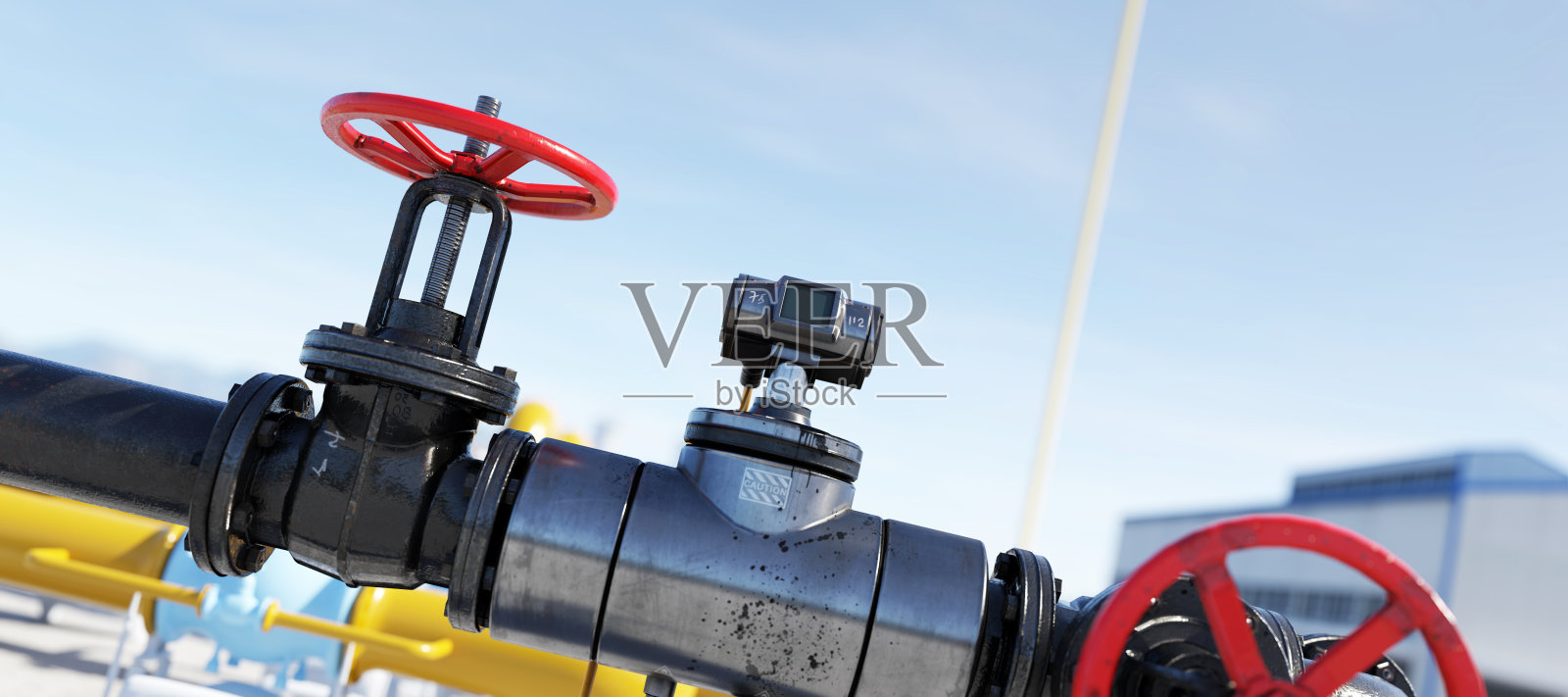 天然气站带管道系统的气阀。照片摄影图片