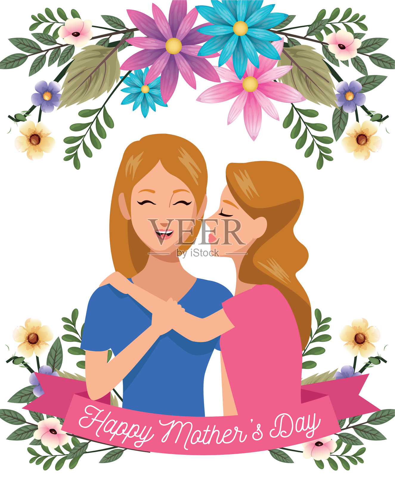 美丽的母亲与女儿和花卉框架插画图片素材