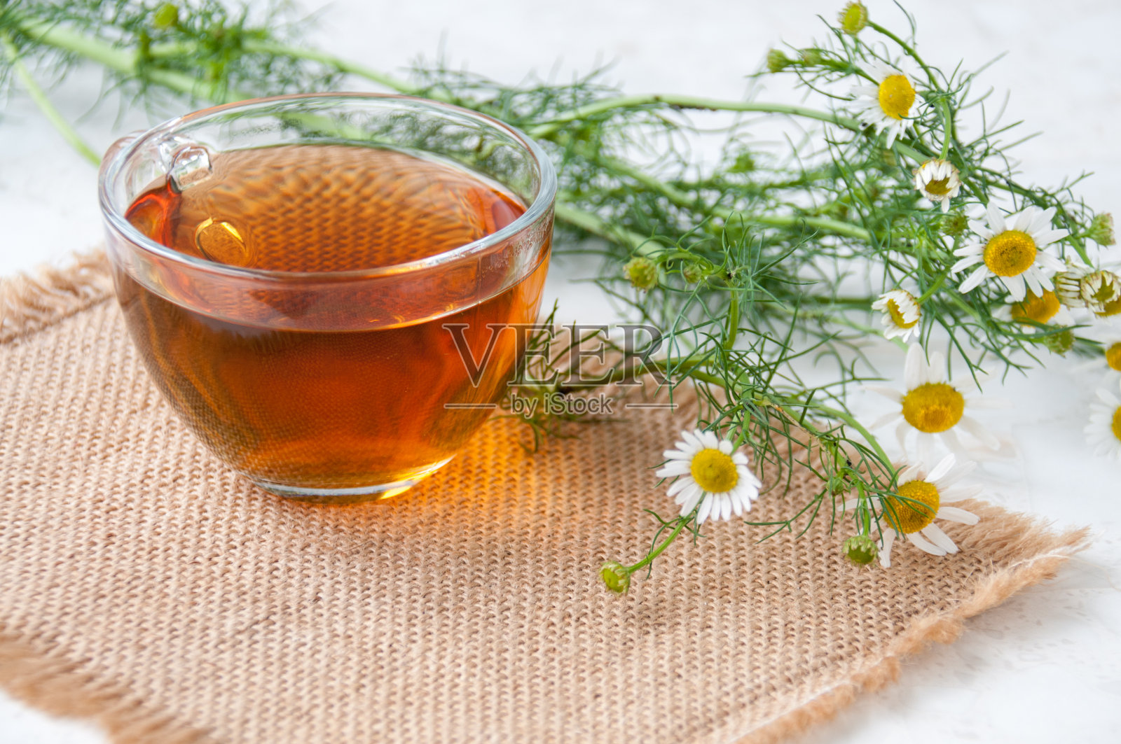 桌上放着一杯甘菊茶和甘菊花照片摄影图片