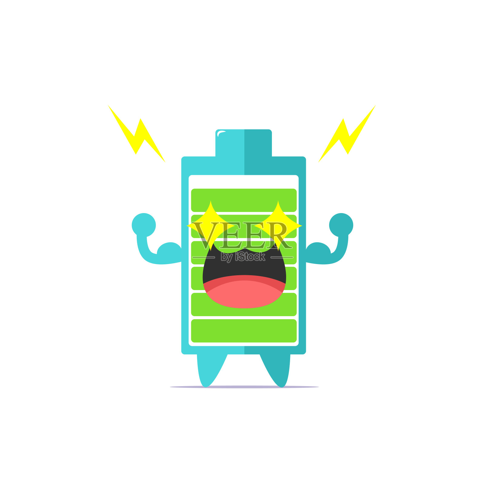 可爱的电池寿命性格感强烈的原因,全功率隔离在白色背景。电池寿命字符表情插图插画图片素材