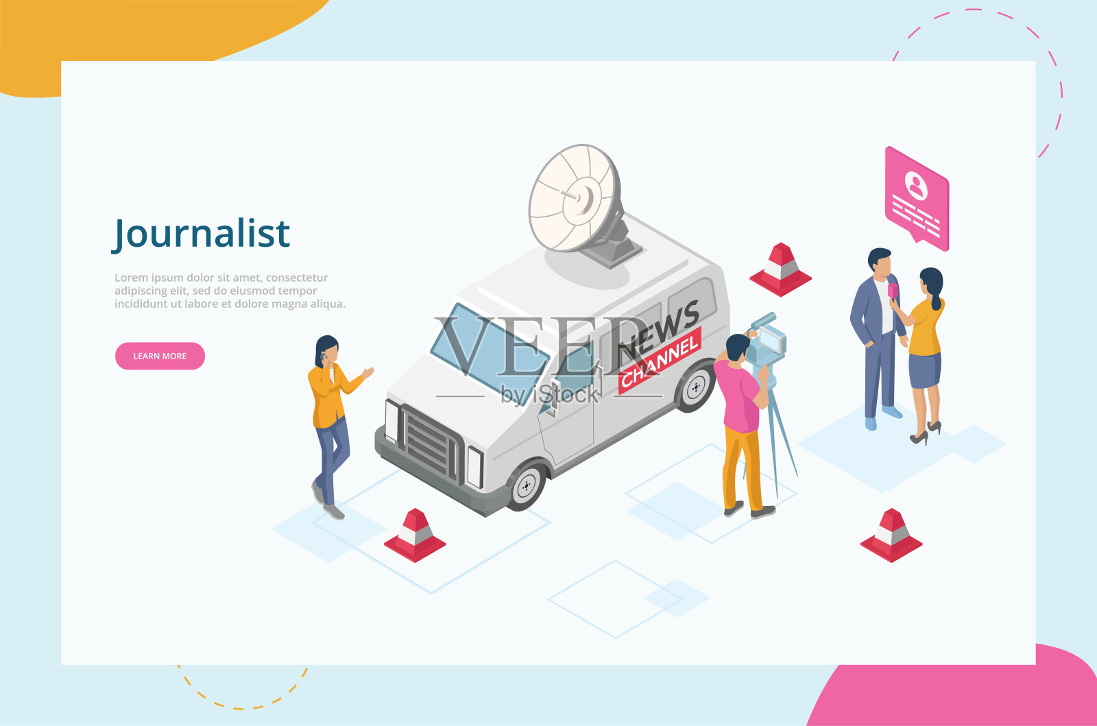 突发最新新闻的概念。网站登录页面。人物拍摄报道。记者根据记者提供的信息发布真实新闻。网页等距3D矢量图插画图片素材