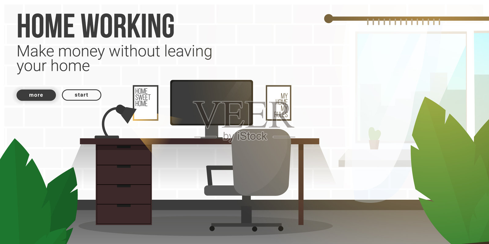 家庭工作横幅与工作空间家庭办公室插画图片素材