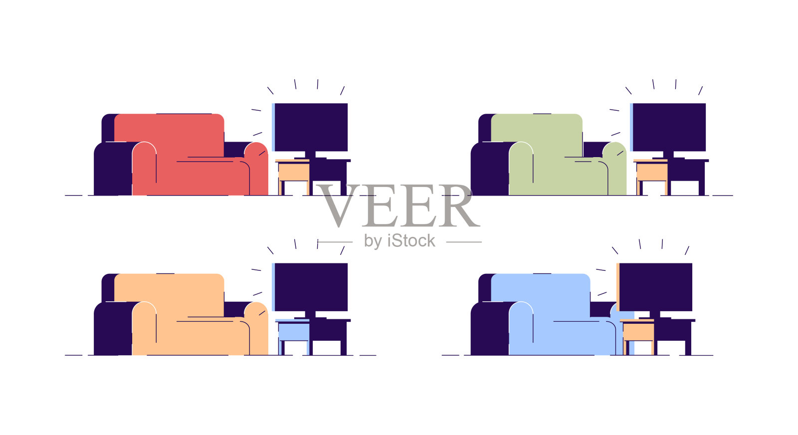 沙发和电视半平面RGB彩色矢量插图集插画图片素材