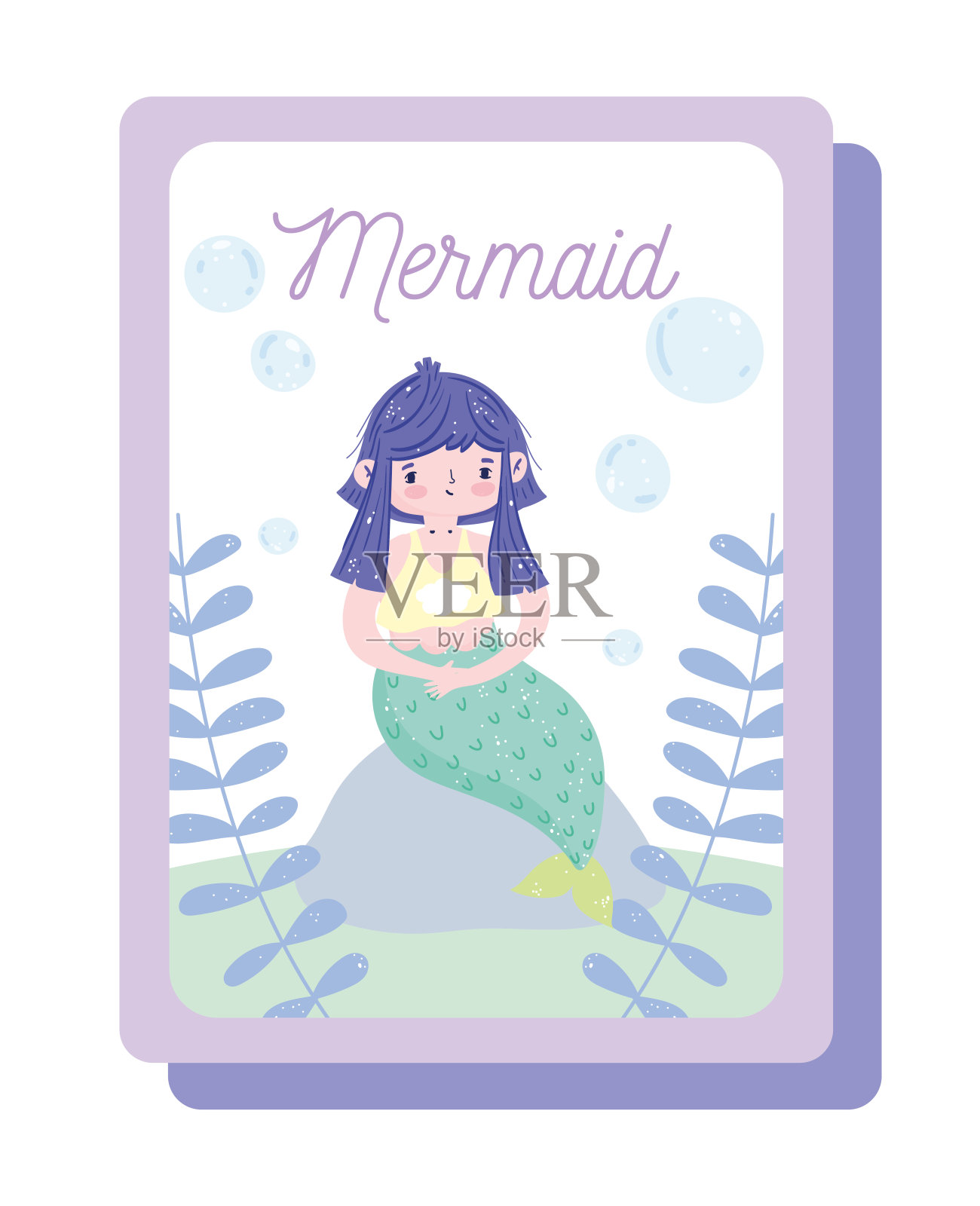 可爱的小美人鱼与绿色的尾巴坐在岩石与泡沫卡通插画图片素材