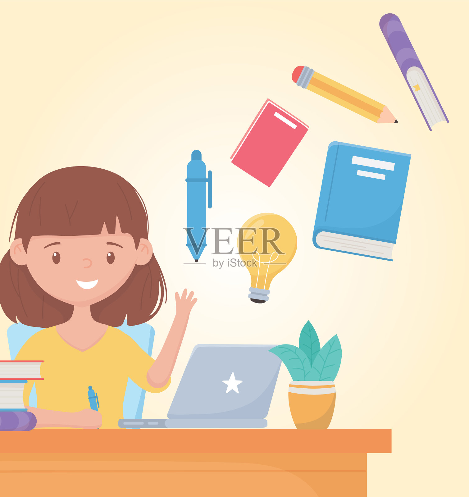 教育在线学生女孩与笔记本电脑的书插画图片素材